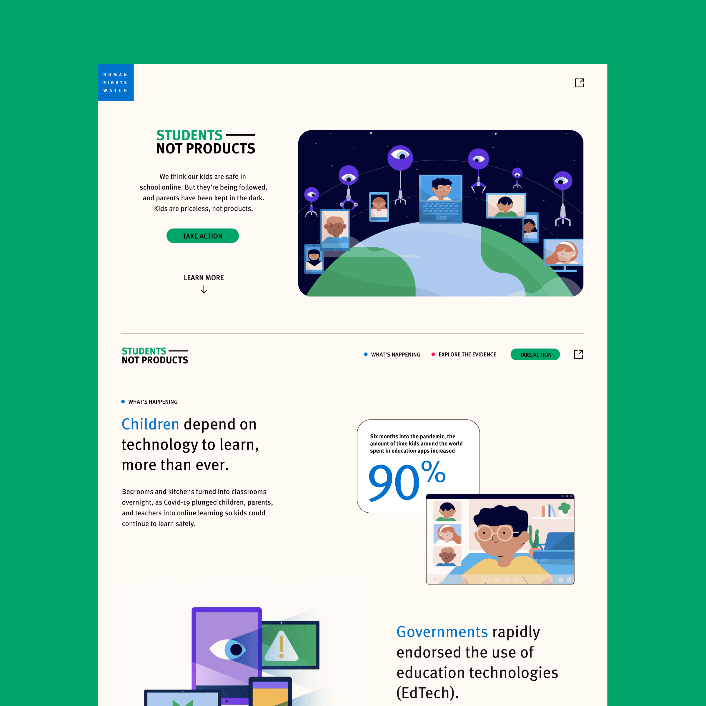 A webpage from "Students Not Products." The header image shows children on screens with earth in the background. Below, it emphasizes children's dependency on technology, advocating for safer learning tools. Various illustrations depict kids using tech devices and a statistic on EdTech.