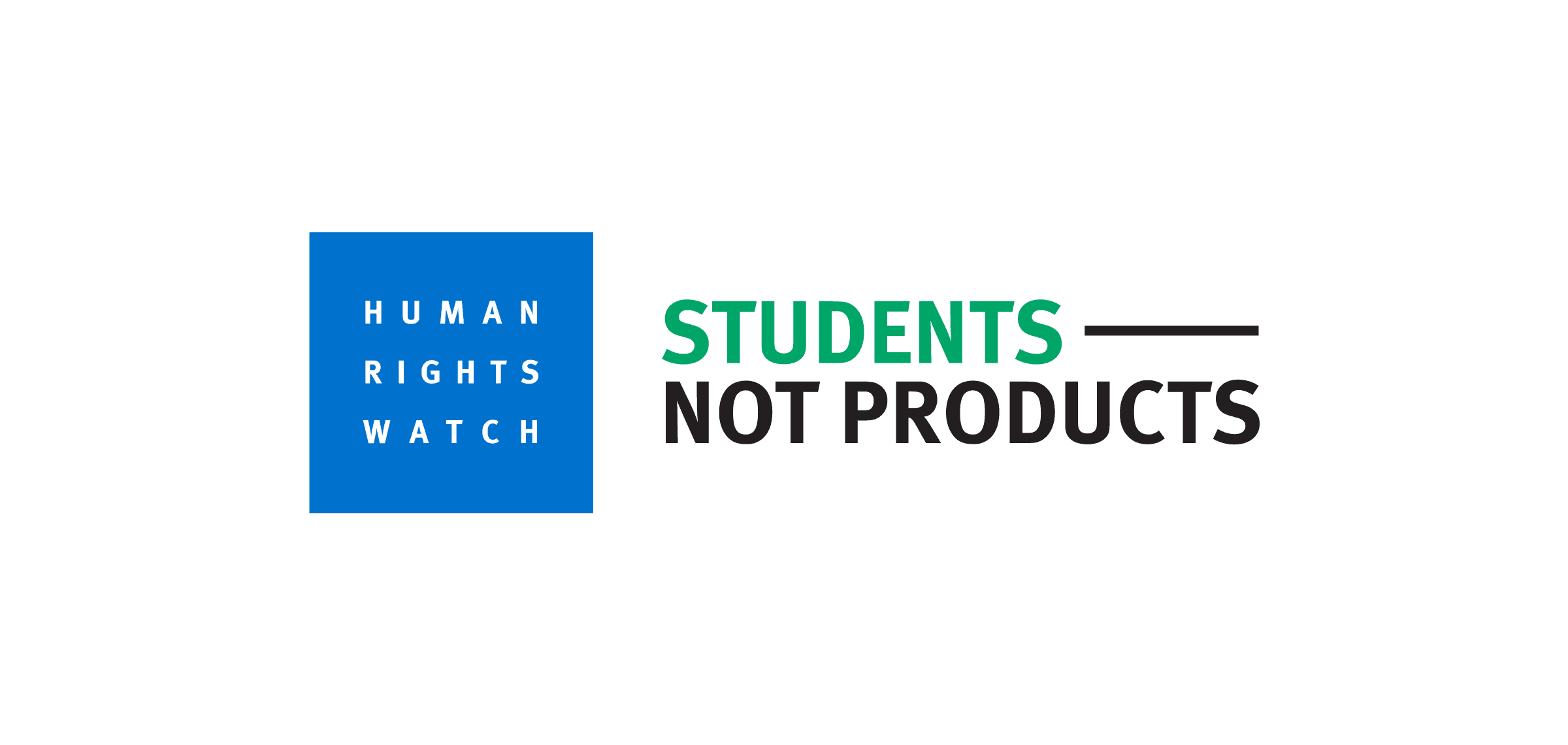 A logo with a blue square on the left containing the text "HUMAN RIGHTS WATCH" in white, and to the right, the text "STUDENTS NOT PRODUCTS" in green and black, with a black underline extending from "STUDENTS" to past "PRODUCTS".