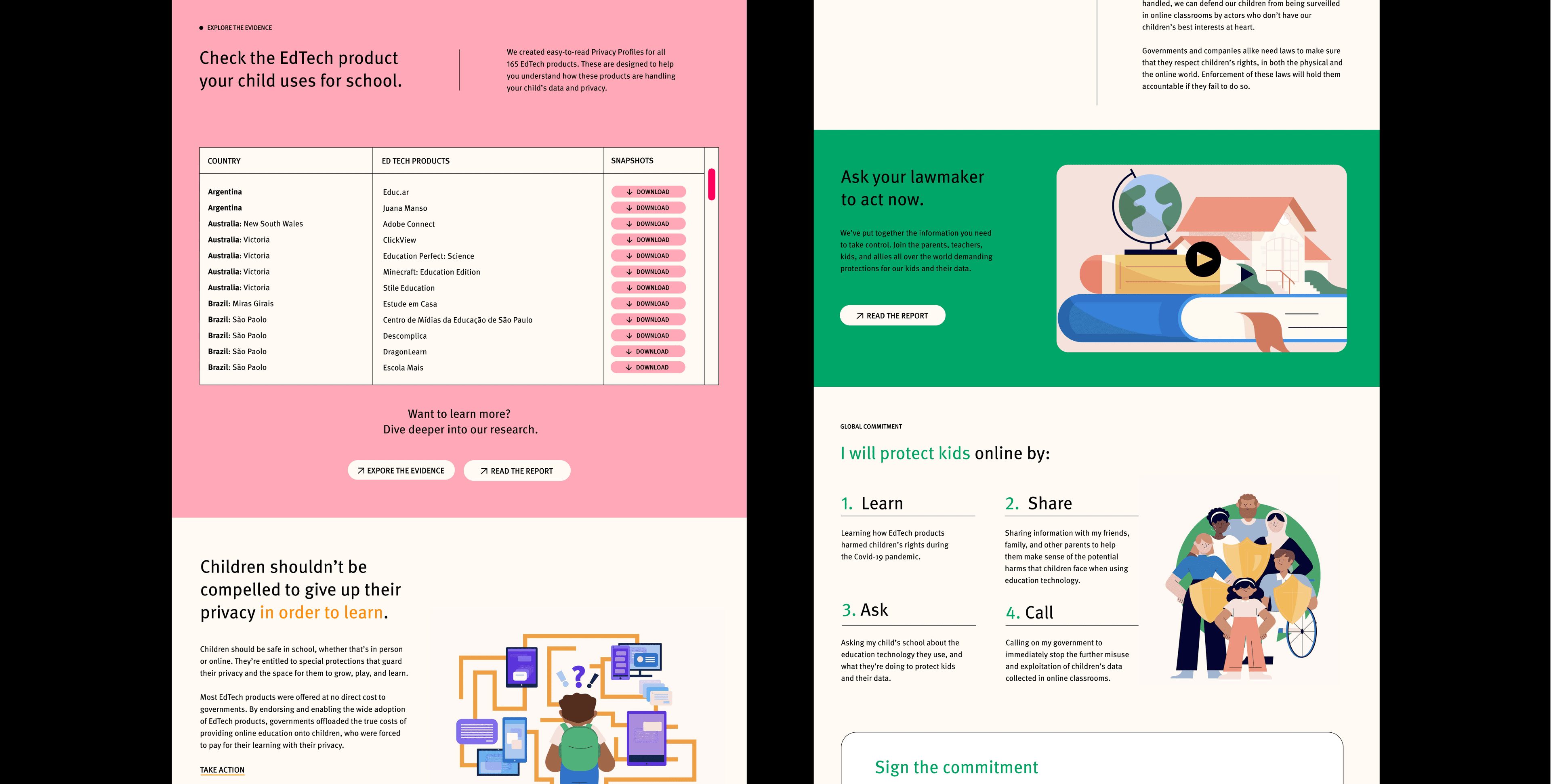 A webpage split between two main sections. The left side lists countries and their educational software with a red button to take action. The right side depicts a green-themed section urging readers to protect kids' online privacy with illustrations and a commitment button.