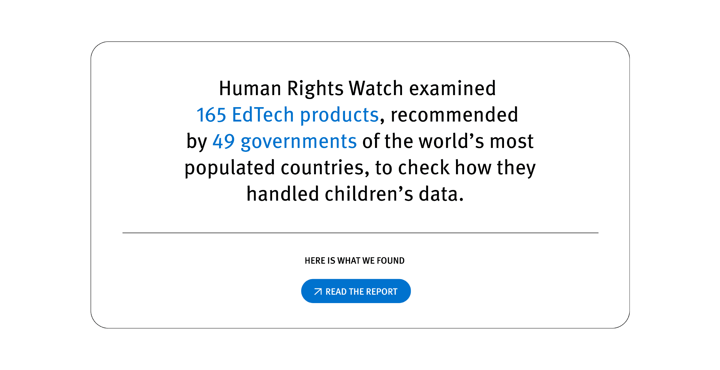 A white text box with black text reads: "Human Rights Watch examined 165 EdTech products, recommended by 49 governments of the world’s most populated countries, to check how they handled children’s data." Below is a blue button labeled "Read the Report" with a downward pointing arrow.
