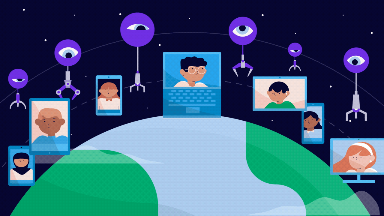 Illustration of people communicating through various devices such as smartphones, laptops, and monitors. The devices float above a globe with robotic arms and eyes observing. The background is dark with subtle stars, symbolizing global connectivity and surveillance.