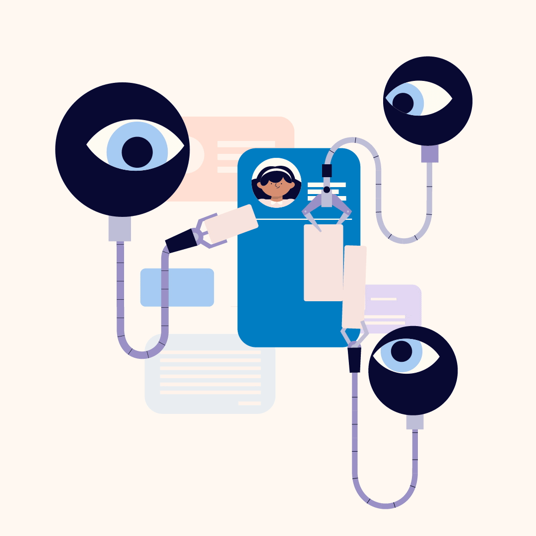 Abstract illustration showing a person on a blue screen, monitored by three robotic arms, each ending with an eyeball. The arms are connected to various documents, symbolizing surveillance and data analysis.