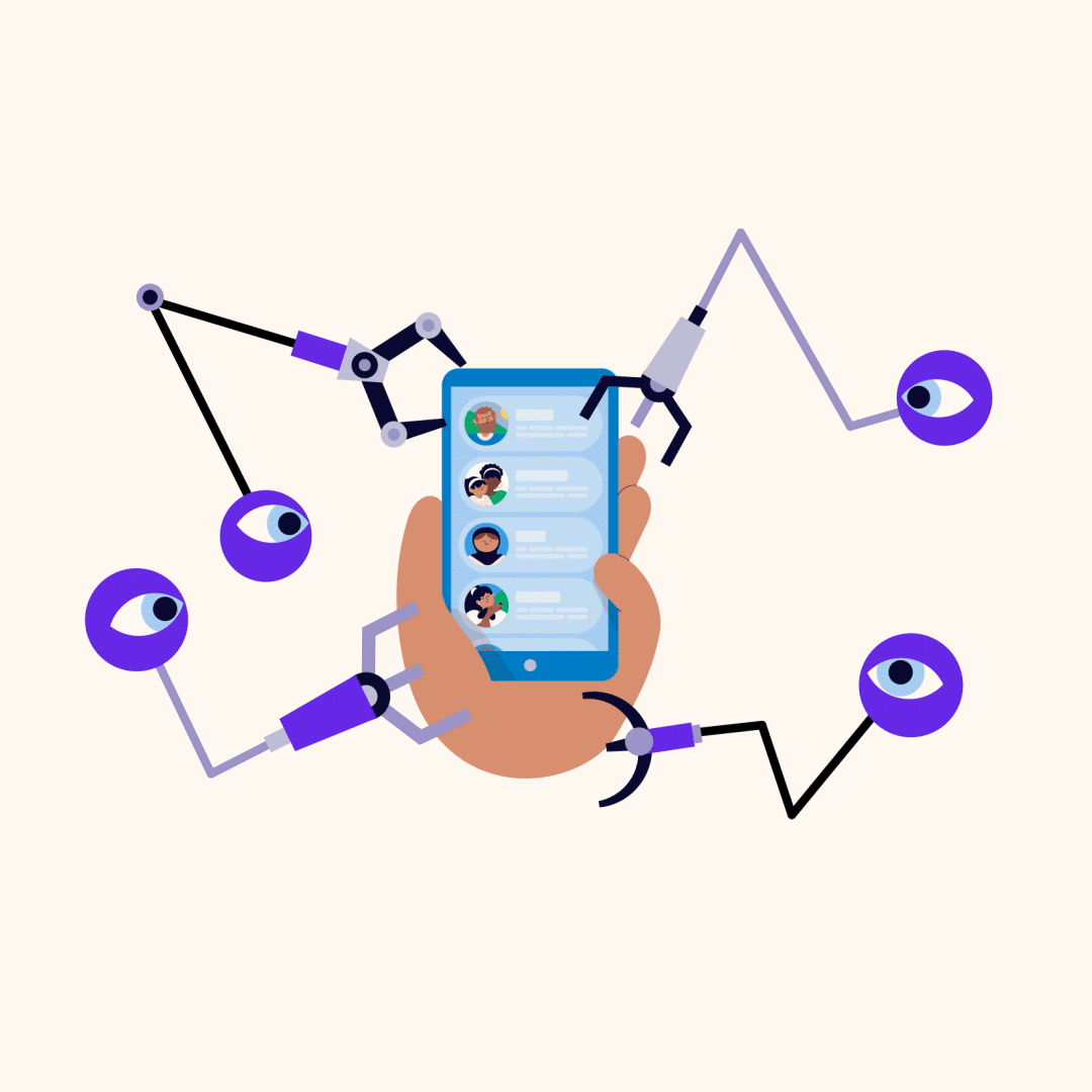 Illustration of a hand holding a smartphone showing a messaging app, surrounded by four robotic arms with eyes at the ends. The robotic arms appear to be observing and interacting with the phone's screen in various ways.