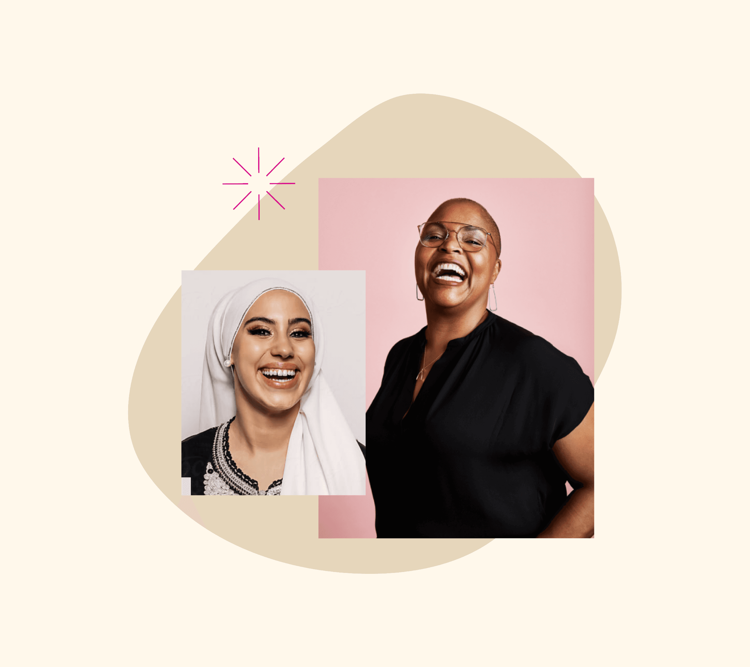Two women are pictured against a beige background with abstract shapes. The woman on the left, wearing a white hijab and traditional attire, smiles warmly. The woman on the right, in a black blouse and glasses, laughs joyfully against a pink backdrop.