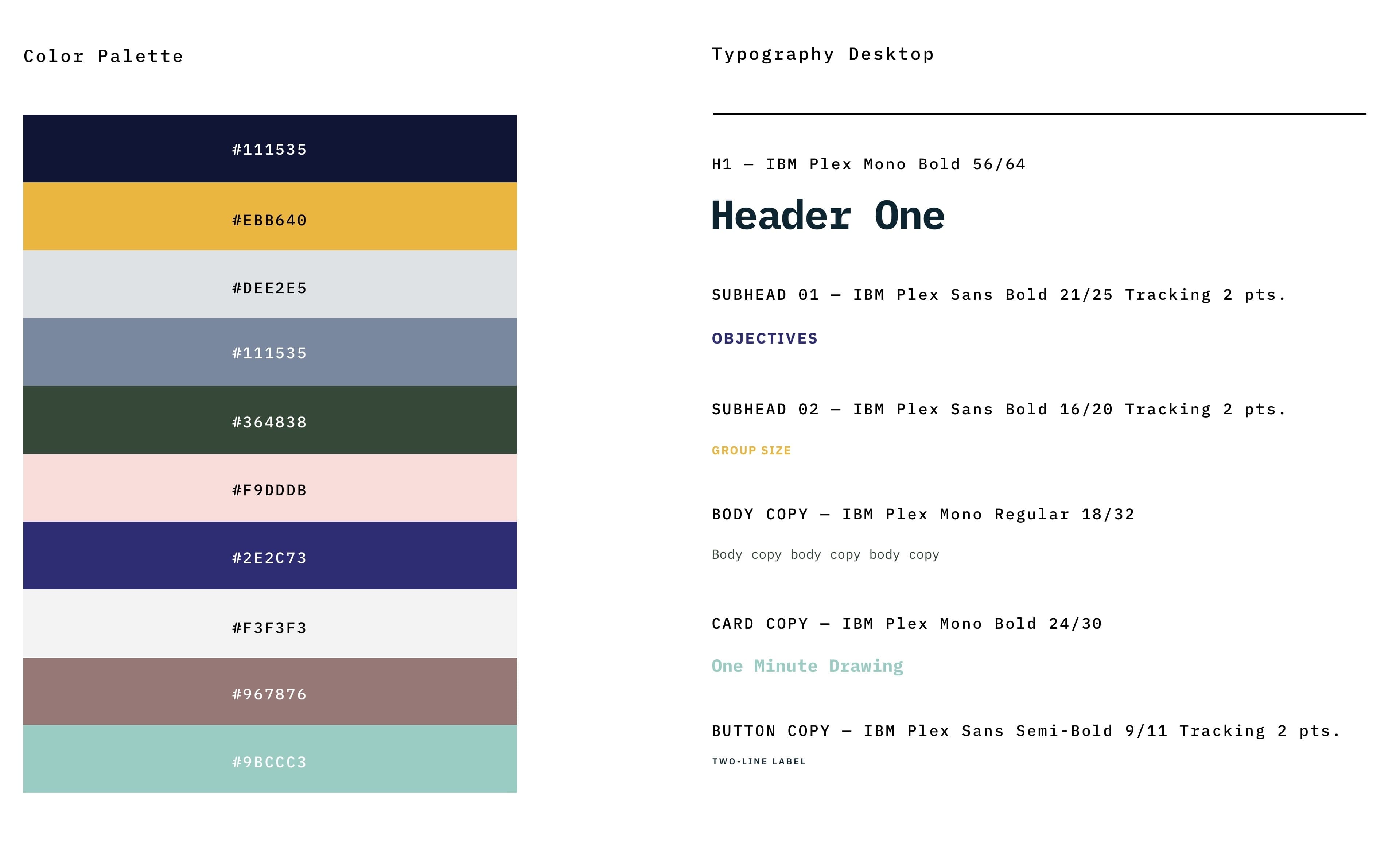 The image displays a color palette with eight colors on the left side and a typography guide for a desktop interface on the right. The color palette includes various hex codes, while the typography guide specifies font styles, weights, and sizes for different text elements.