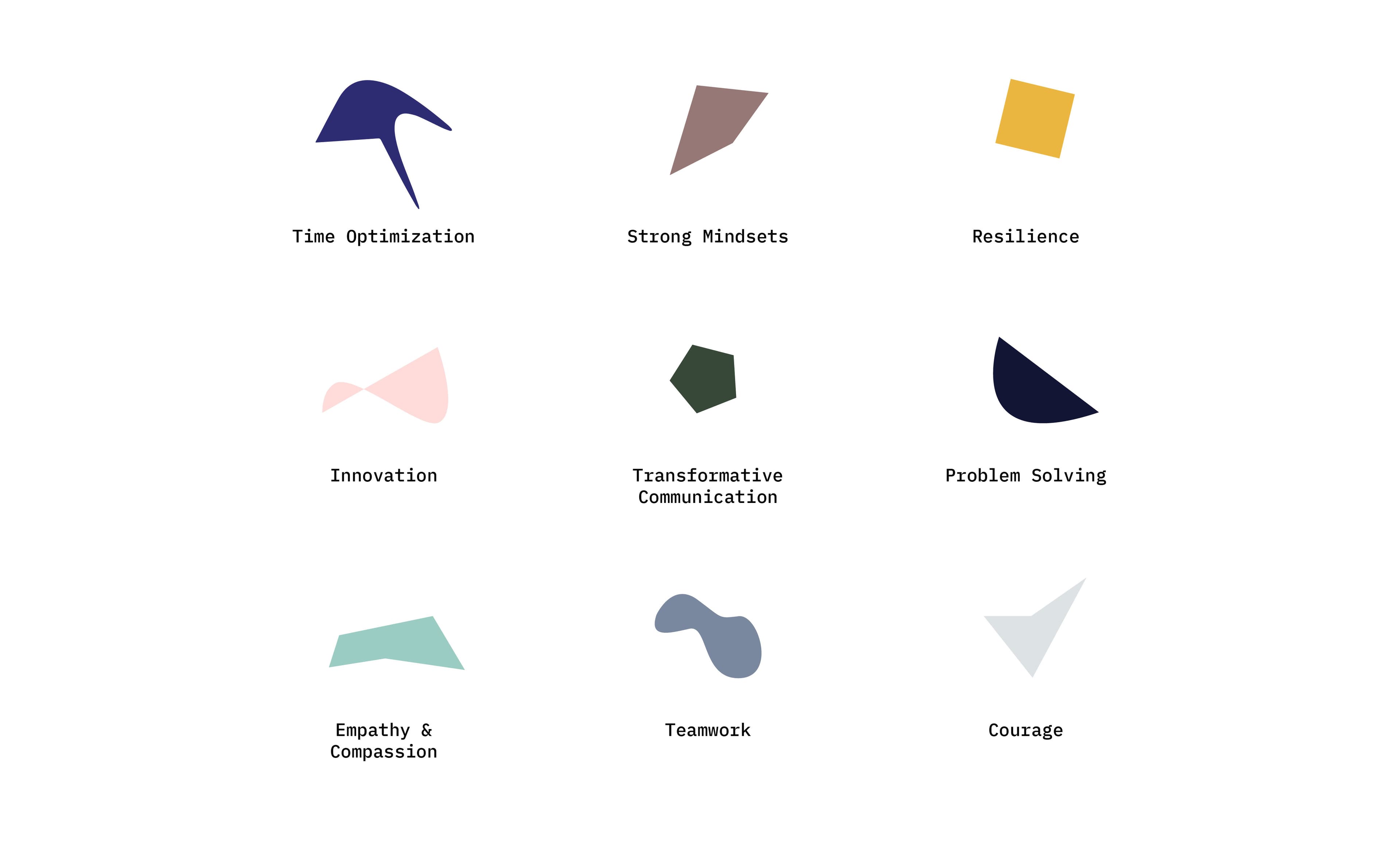 An image featuring nine abstract shapes, each paired with a caption that represents a concept. From left to right, top to bottom: "Time Optimization," "Strong Mindsets," "Resilience," "Innovation," "Transformative Communication," "Problem Solving," "Empathy & Compassion," "Teamwork," and "Courage.