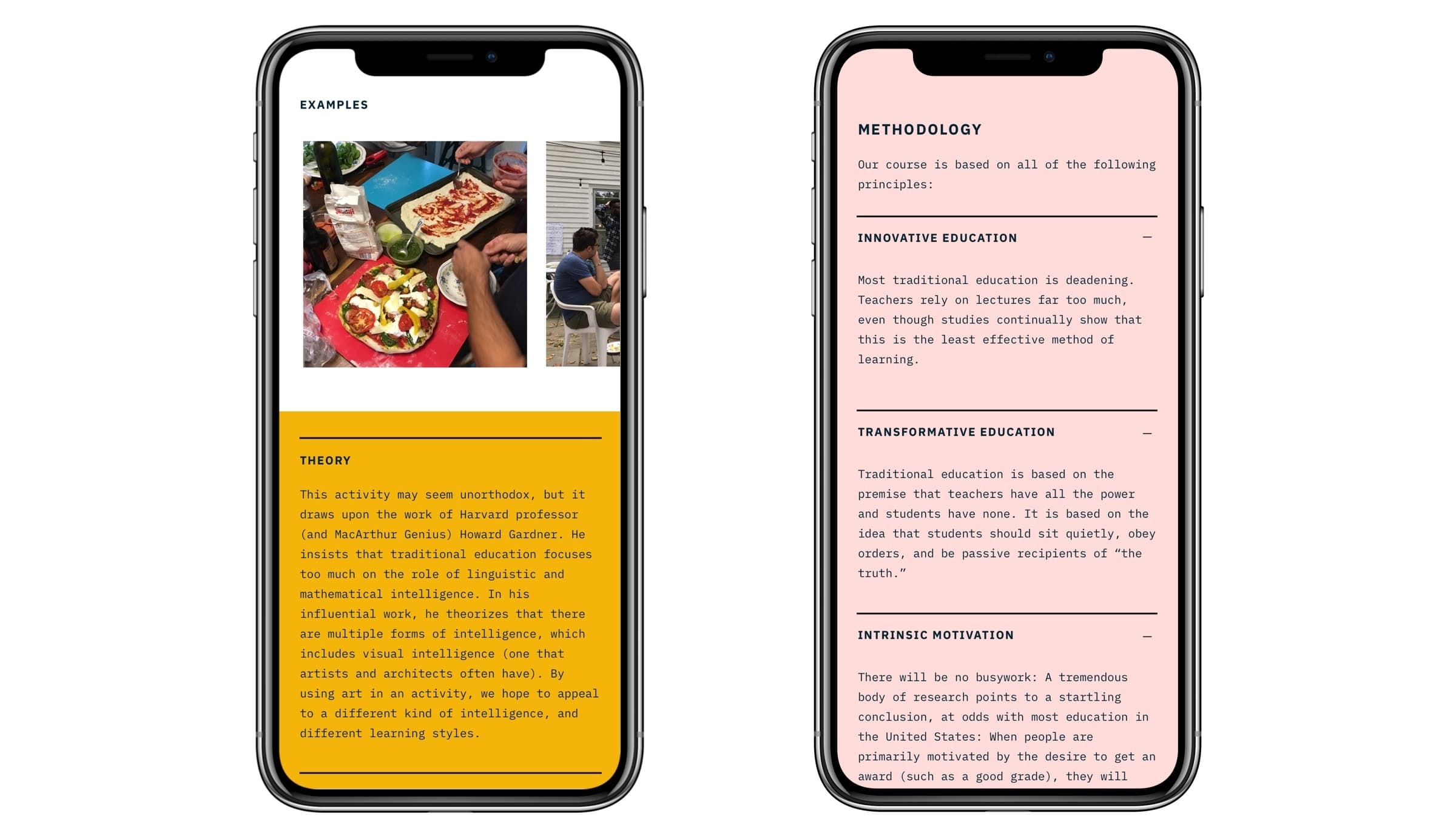 Two smartphones display different screens. The left phone shows an example of a hands-on activity with notes highlighting benefits, promoting social skills, and boosting learning. The right phone explains educational principles: innovative, transformative, and intrinsic motivation.