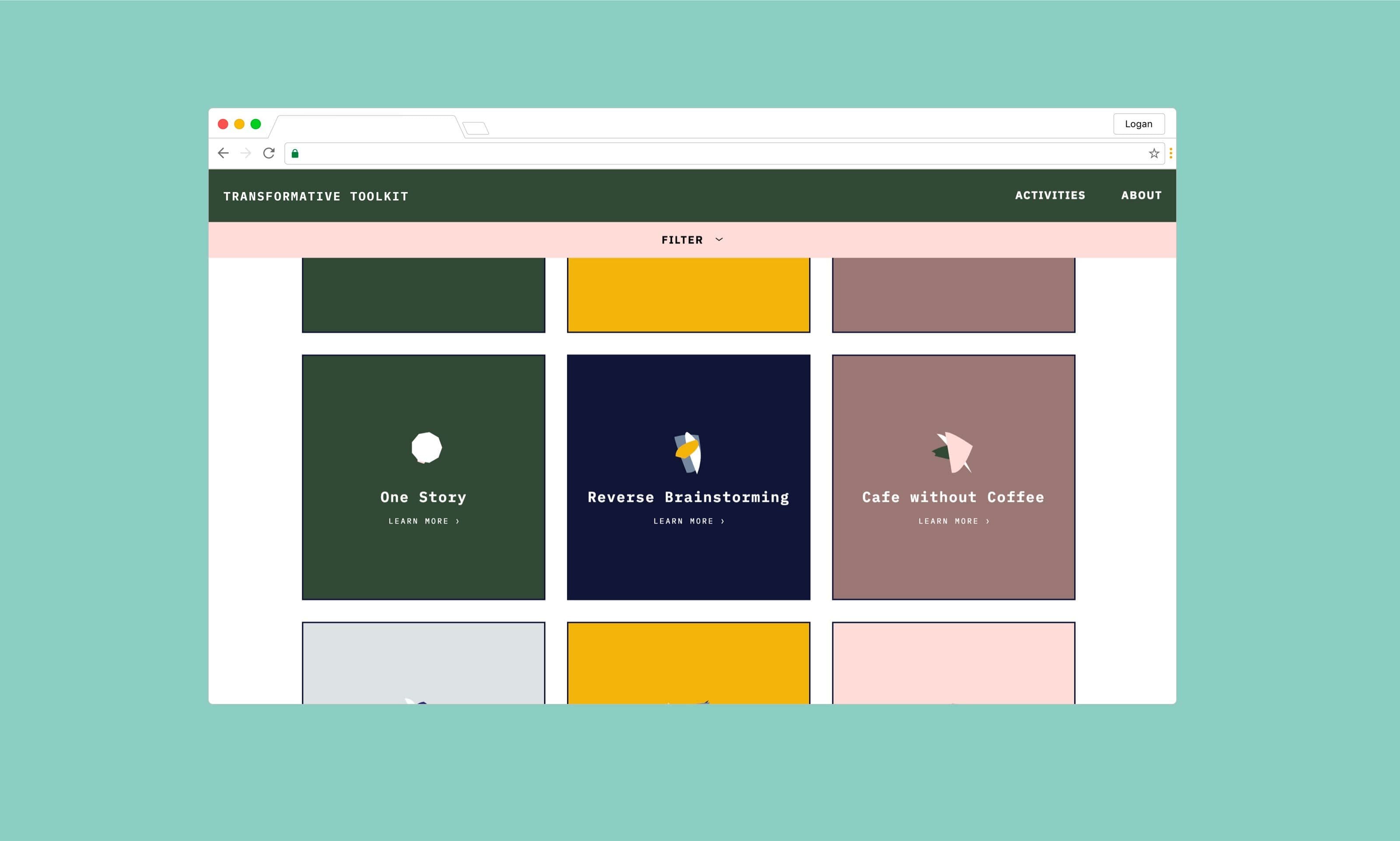 A website interface showcasing a toolkit with colored boxes. Each box has a title and an icon. Visible titles include "One Story," "Reverse Brainstorming," and "Cafe without Coffee." The top menu bar includes options like "Activities" and a login button. The background is teal.