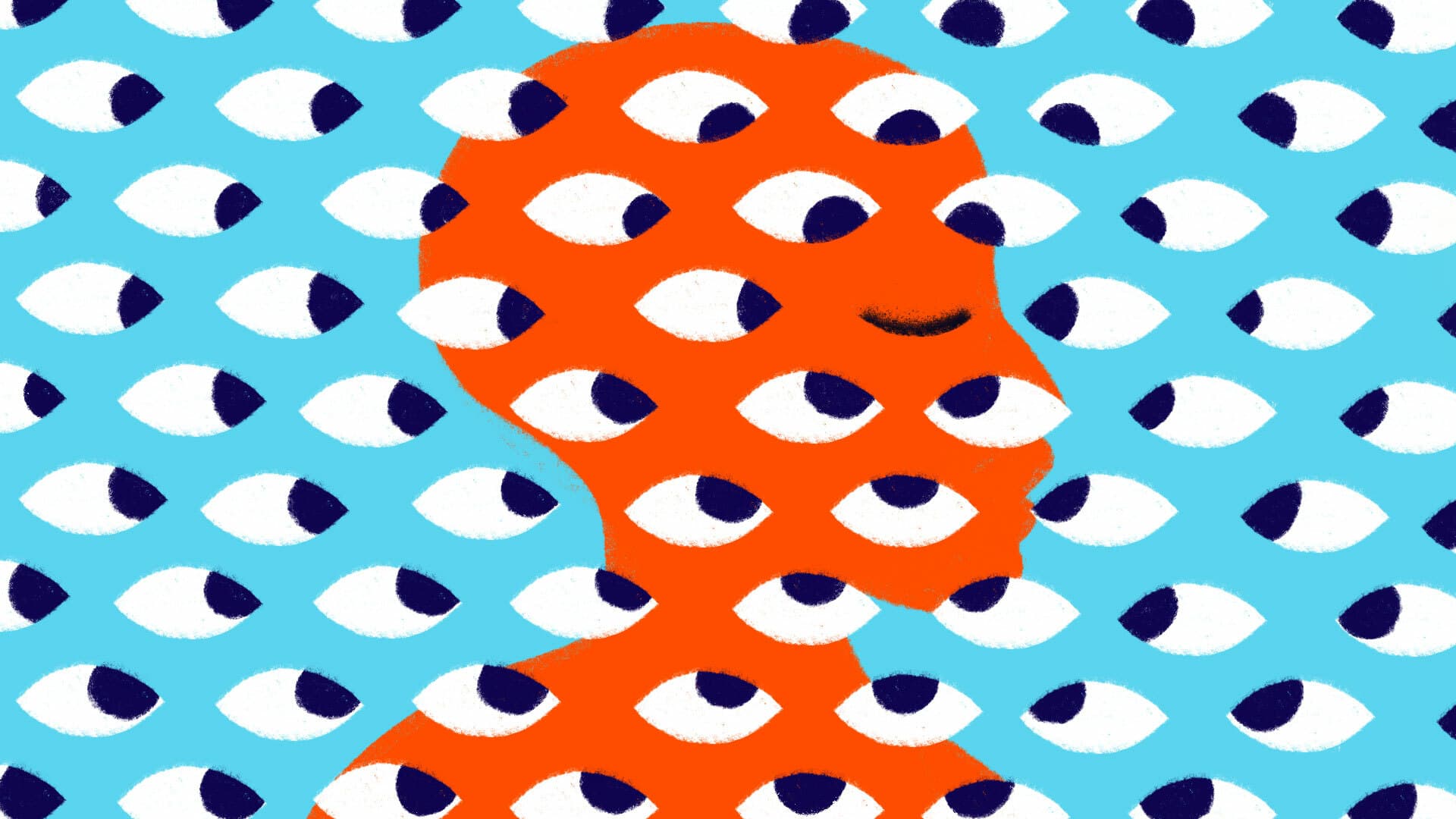Illustration of a person in orange silhouette, facing right, surrounded by numerous blue and white eyes on a blue background. The eyes cover the entire image, including the silhouette, creating a pattern that blends with the figure.