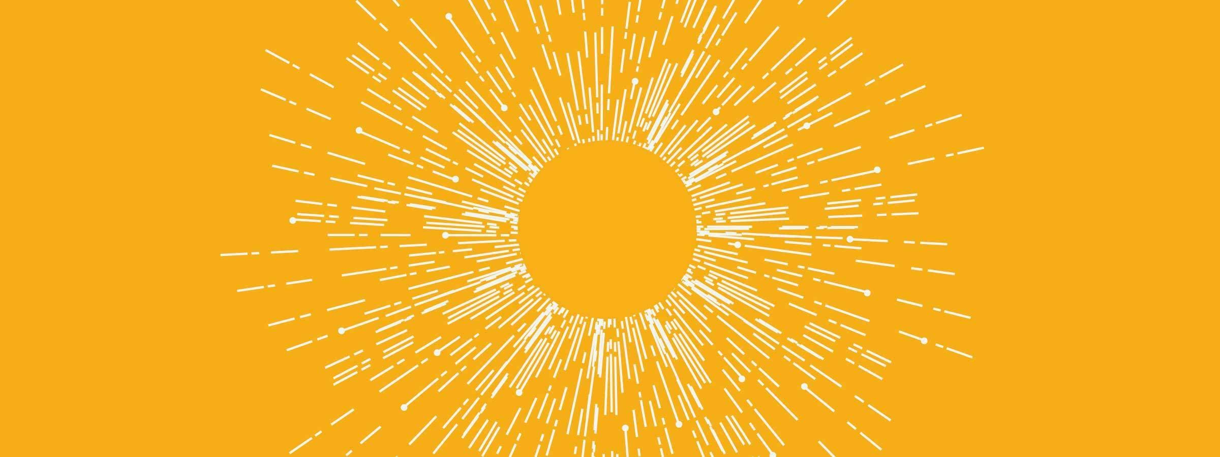 A minimalist graphic of a sunburst with a round yellow center and numerous white linear rays emanating outward in a radial pattern against a yellow background.