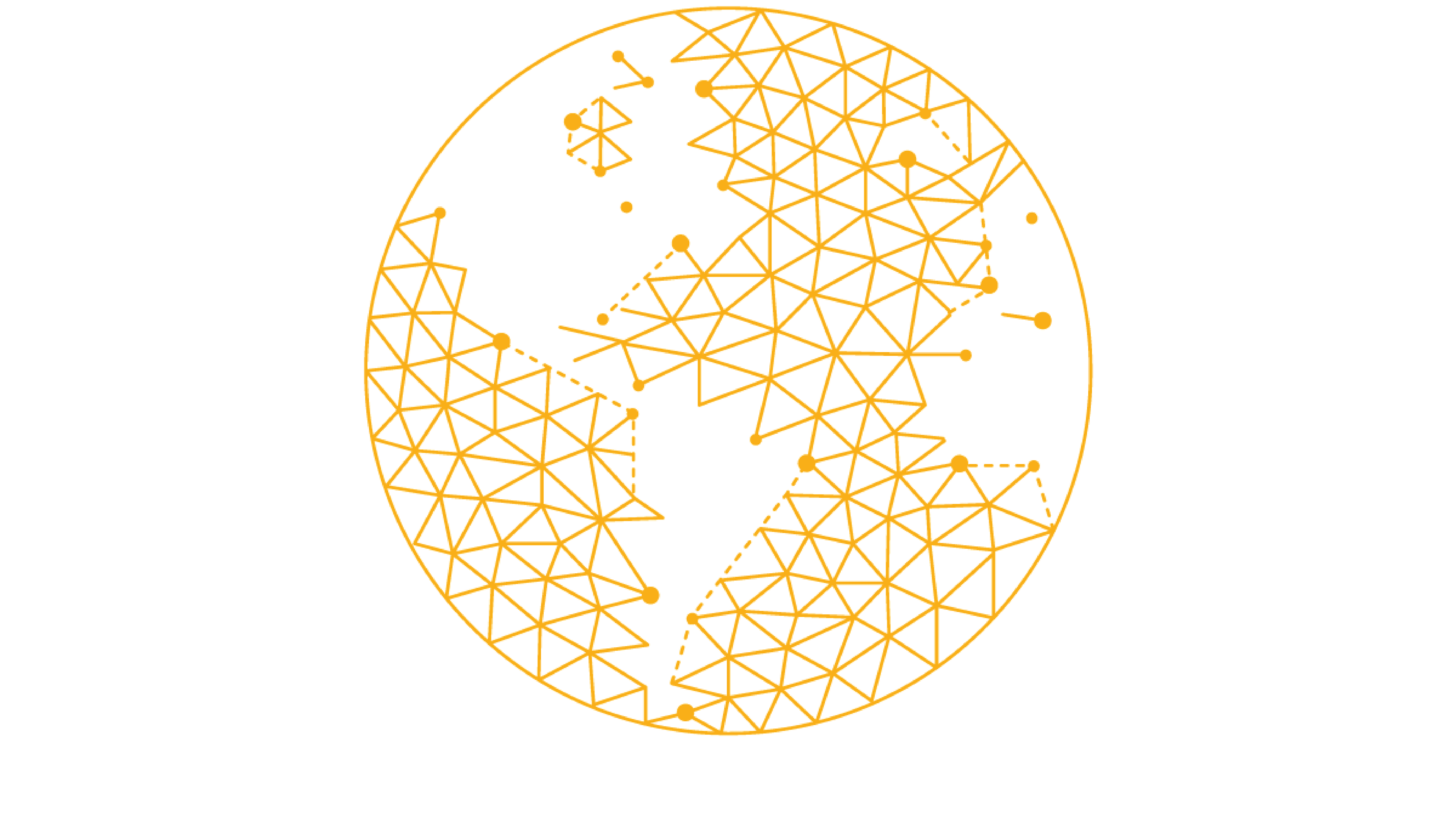 An orange, wireframe illustration of a globe showing Europe, Africa, and part of Asia. The continents are formed by connected lines and dots, creating a geometric, networked appearance on a white background.