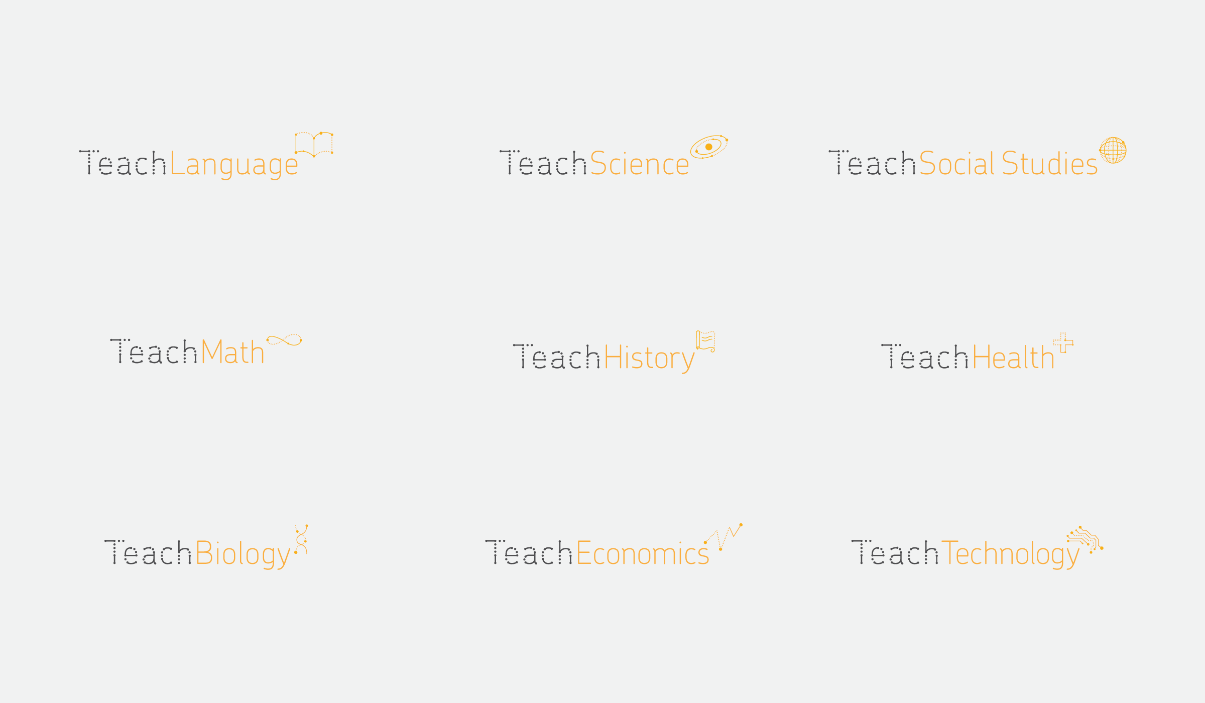 An image with nine sections, each representing a different educational subject. The sections are labeled: Teach Language, Teach Science, Teach Social Studies, Teach Math, Teach History, Teach Health, Teach Biology, Teach Economics, and Teach Technology.