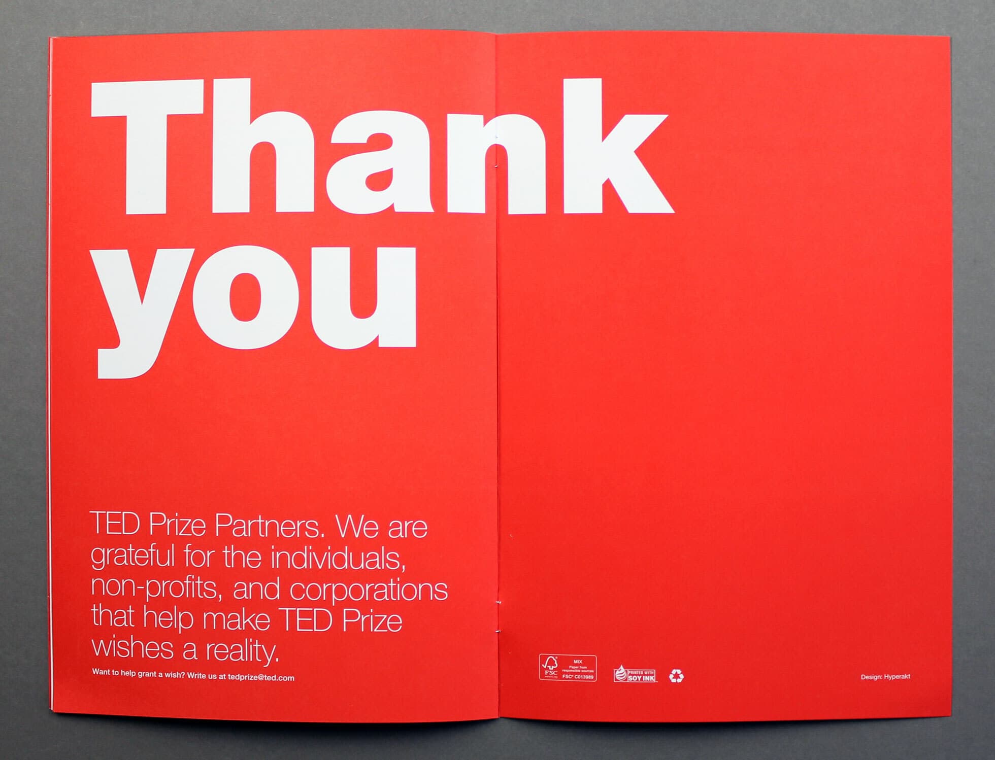 A red page with large white text at the top saying "Thank you." Below, smaller white text reads: "TED Prize Partners. We are grateful for the individuals, non-profits, and corporations that help make TED Prize wishes a reality." Several logos are at the bottom.