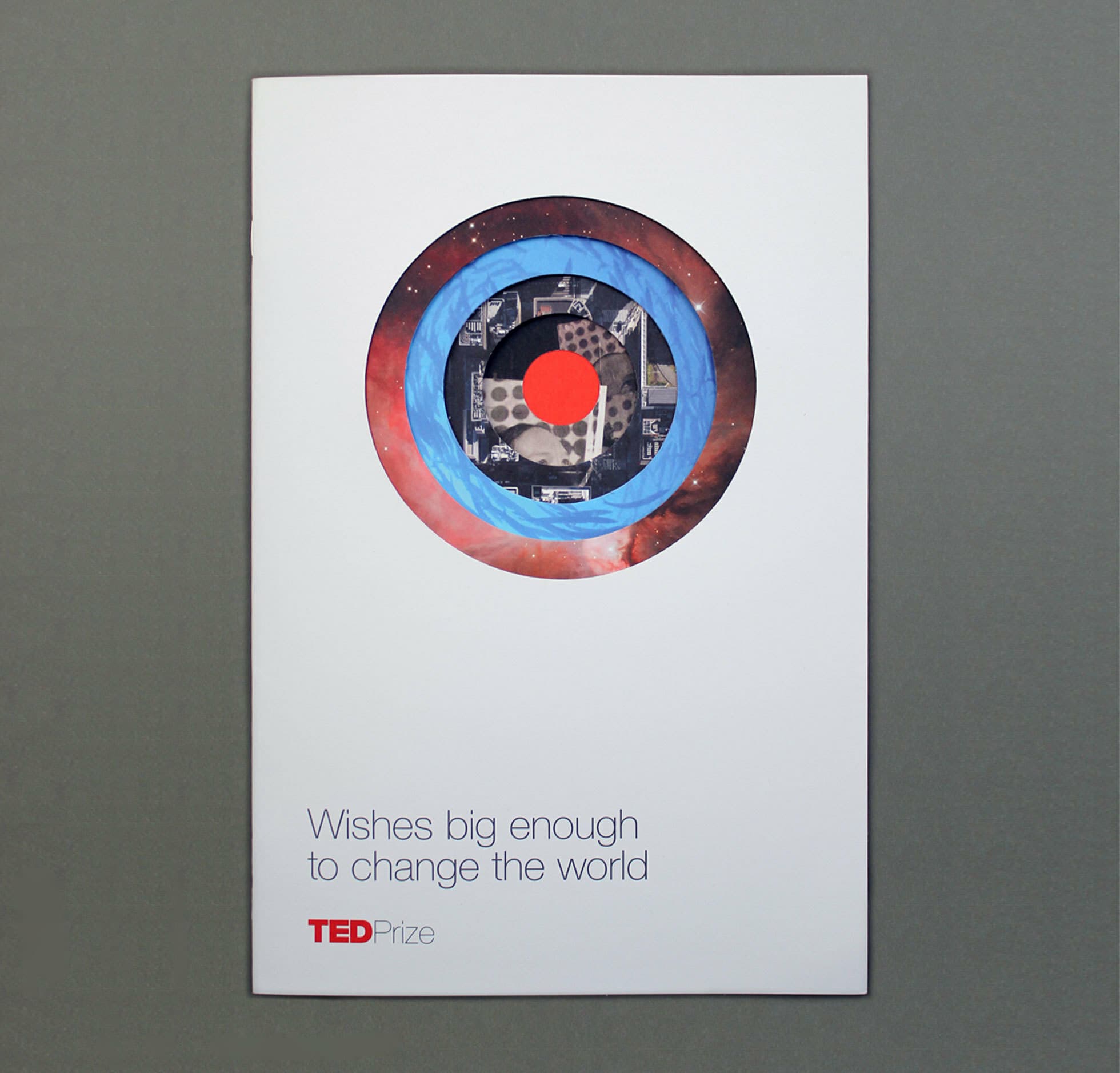 A brochure with a white cover featuring a colorful circular design in the center. Below the design, text reads, "Wishes big enough to change the world". The logo "TEDPrize" is at the bottom. The background is a flat, neutral gray.