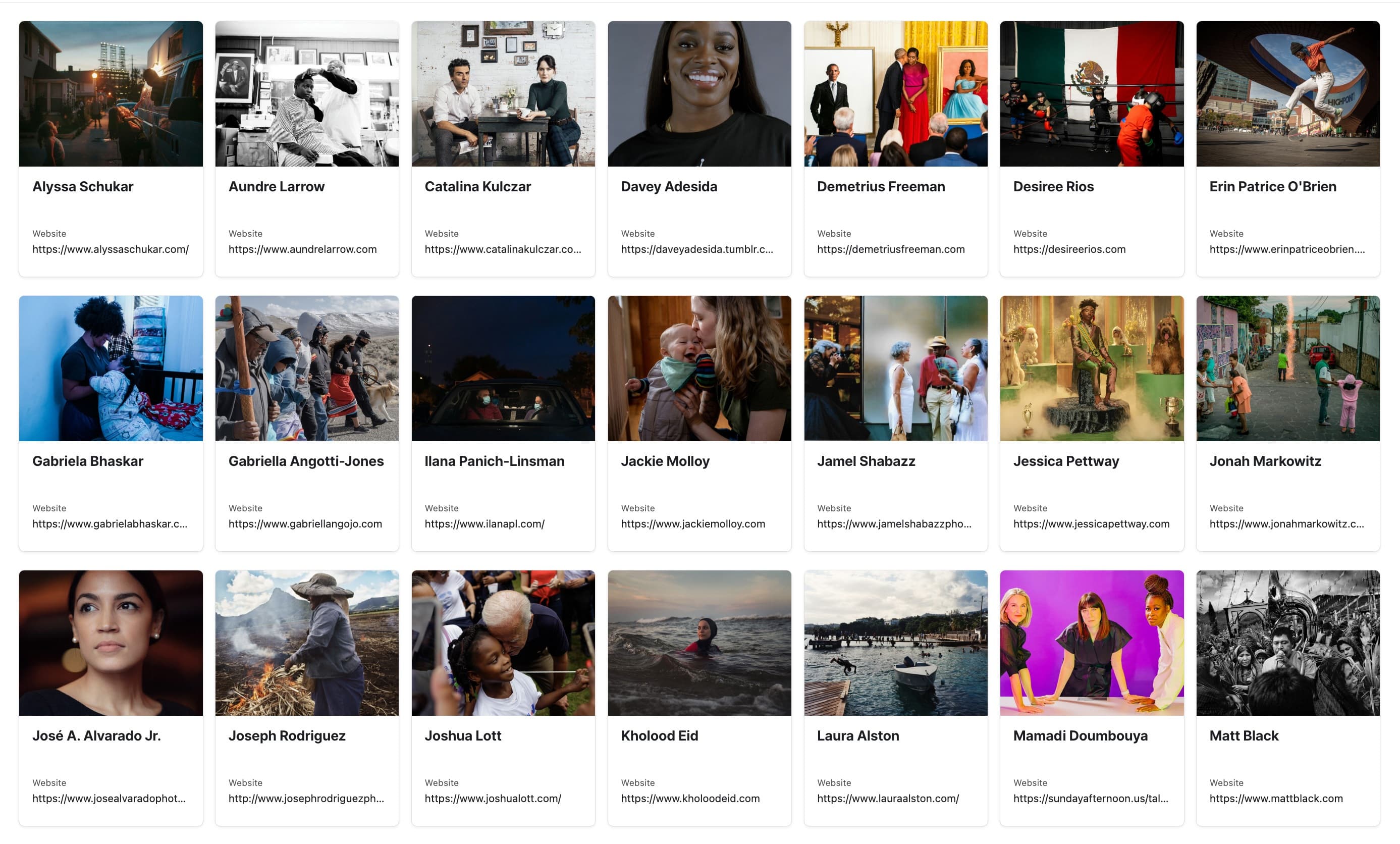 A grid of 20 photographer profiles, each showing a portrait or action photo of the photographer, their name, sample work, and website links. The images vary from candid portraits to documentary and travel scenes.