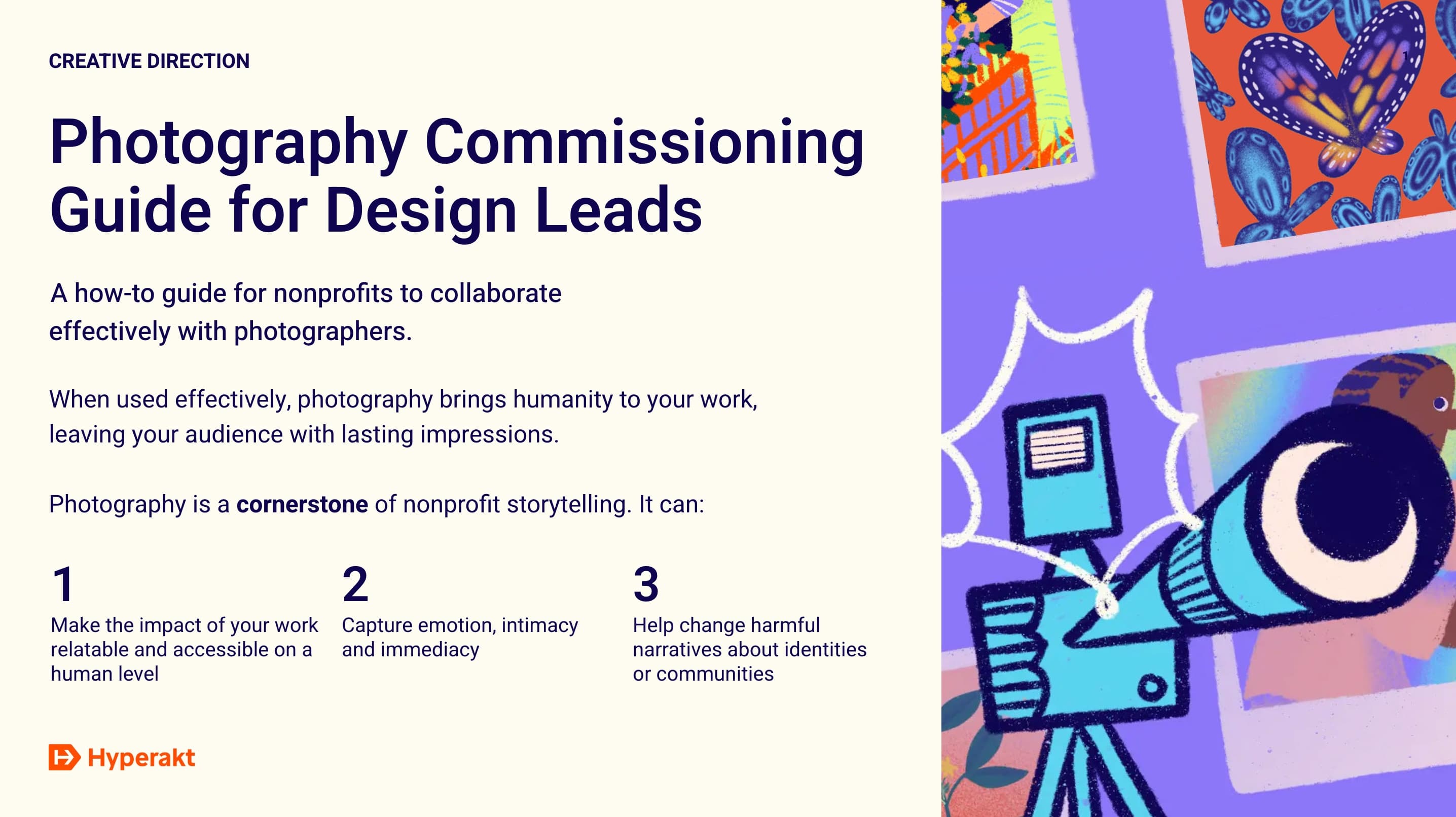 A digital guide cover titled "Photography Commissioning Guide for Design Leads" for nonprofits, featuring text and an illustration of a camera and hand, with colorful abstract photos in the background.