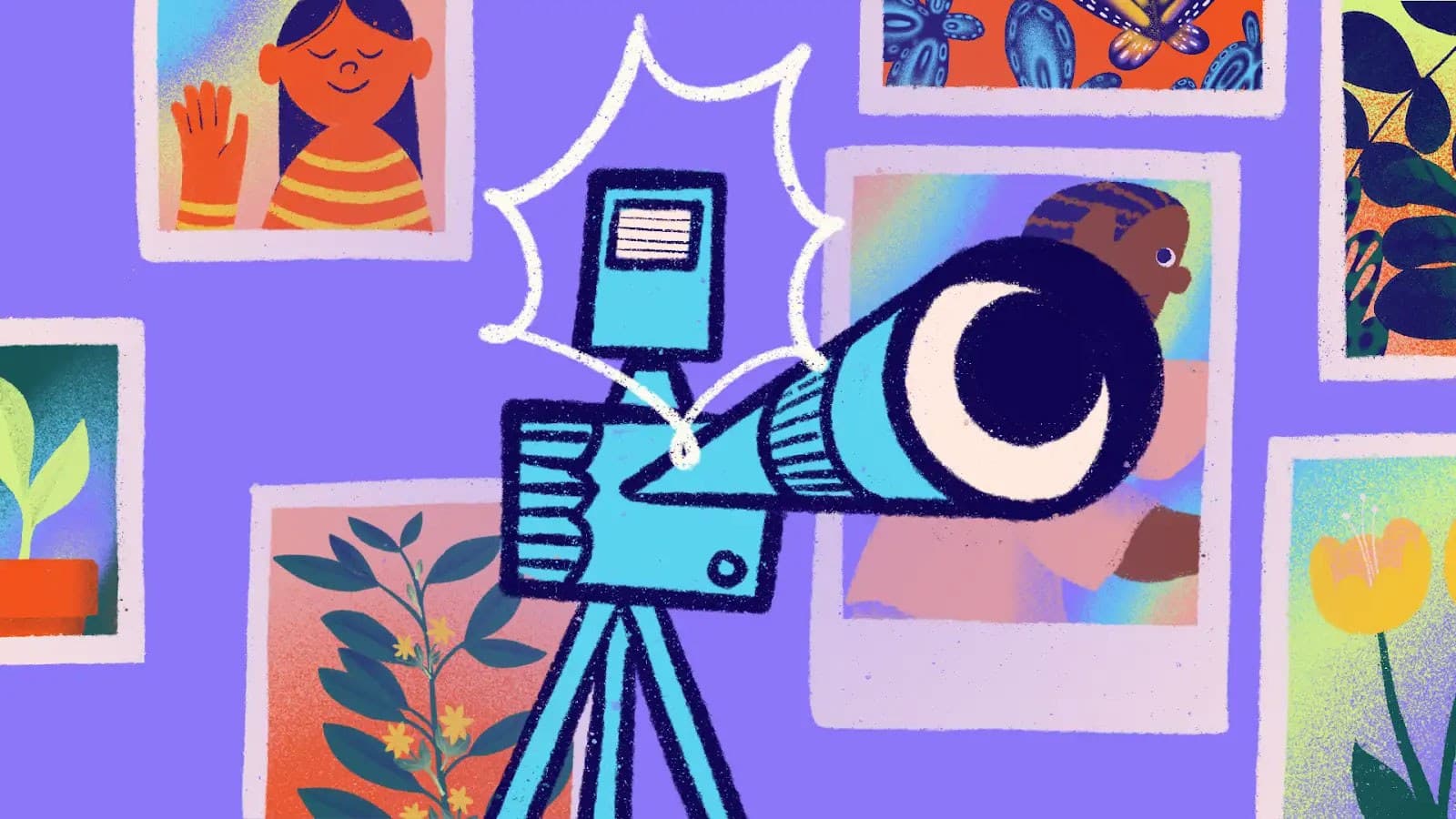 A blue cartoon camera on a tripod flashes while facing forward, with colorful illustrated portraits and plants framed on a purple wall in the background.