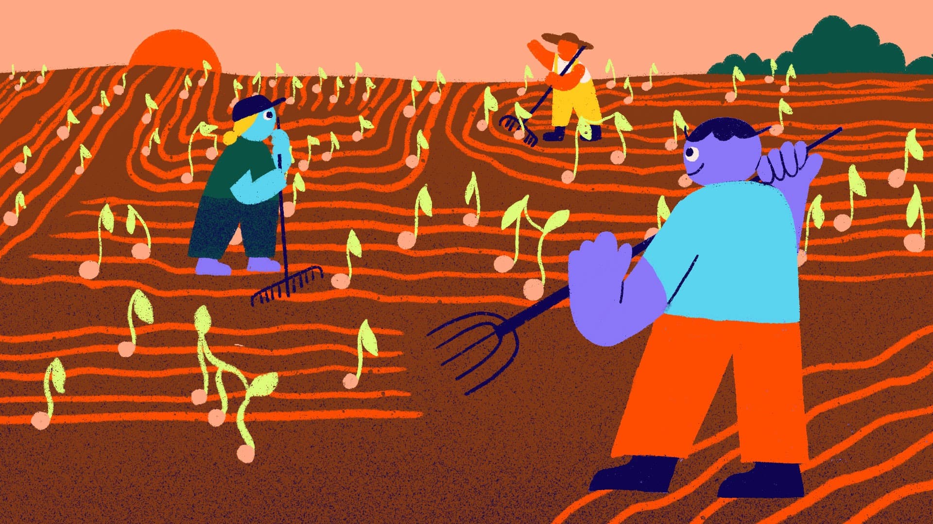 Illustration of three people working in a field with young plants sprouting. One person holds a rake, another uses a hoe, and the third has a pitchfork. The sun sets on the horizon, casting an orange hue over the scene.