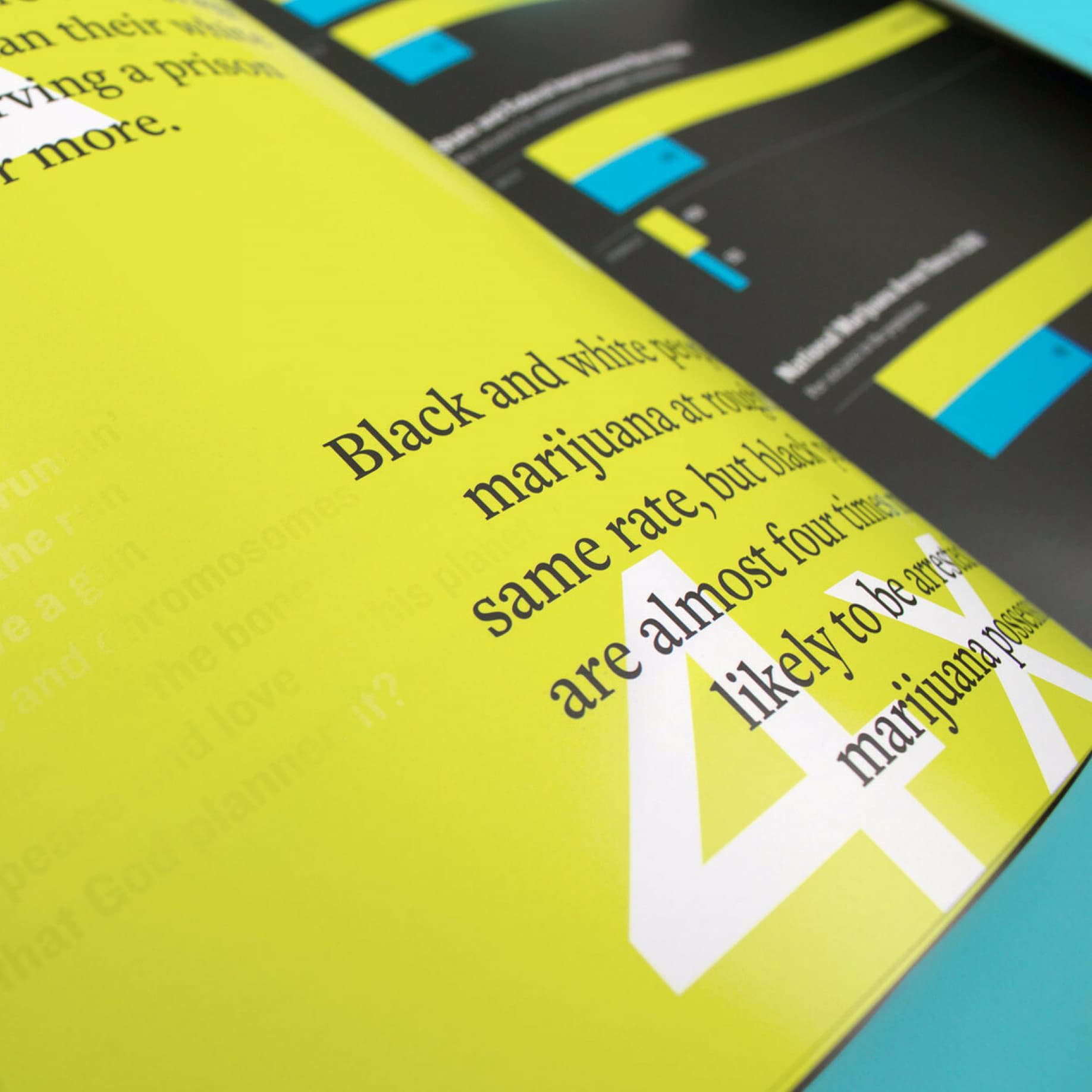 A close-up photograph of an open brochure with yellow and black pages. Text on the yellow page reads: "Black and white people use marijuana at the same rate, but black people are almost four times as likely to be arrested for marijuana possession.