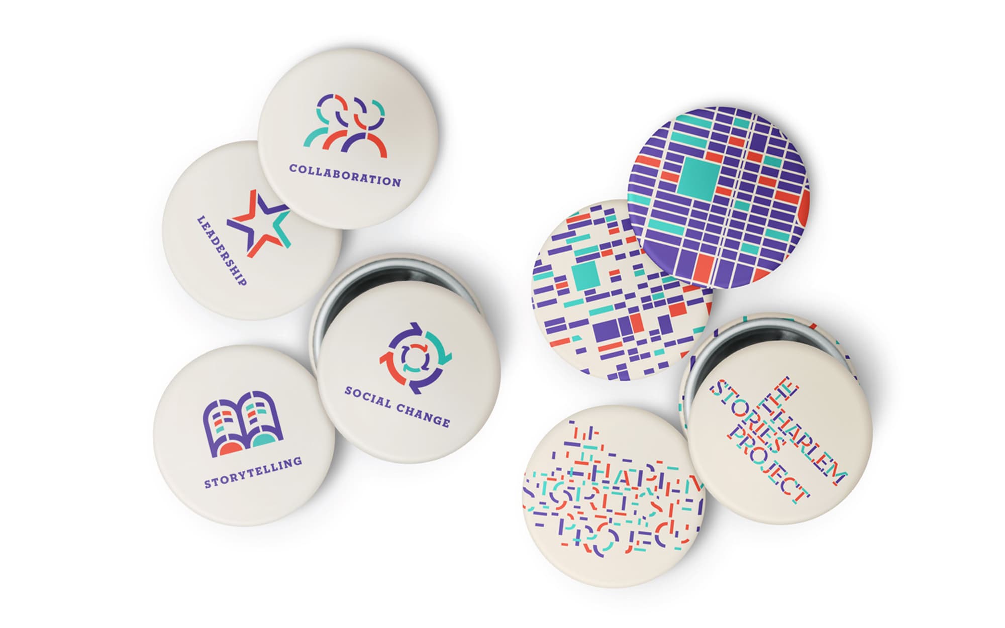A collection of circular pins featuring various colorful designs and text. Pins include illustrations and words such as "Leadership," "Collaboration," "Social Change," "Storytelling," and "Harlem Stories Project." The designs are vibrant and abstract.