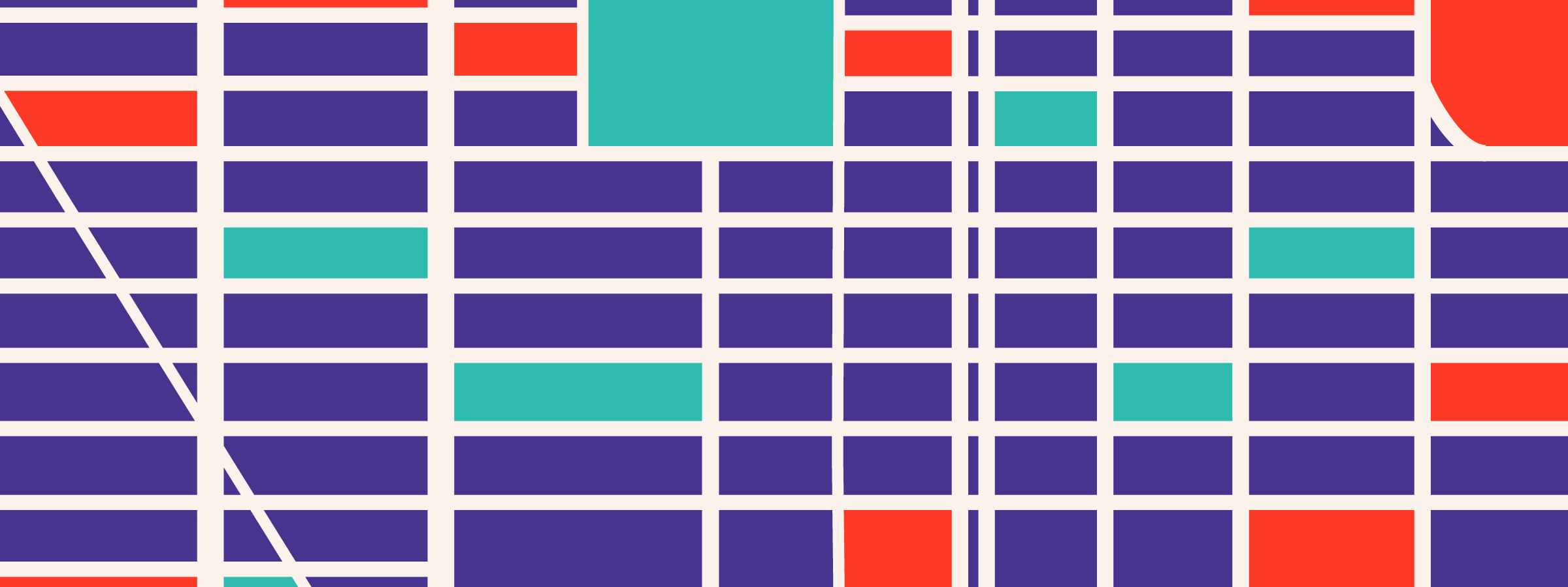 A grid of squares and rectangles with a geometric pattern in various colors, including deep purple, teal, red, and white. The shapes are arranged in a seemingly random yet balanced pattern, with red and teal blocks interspersed among the dominant purple squares.