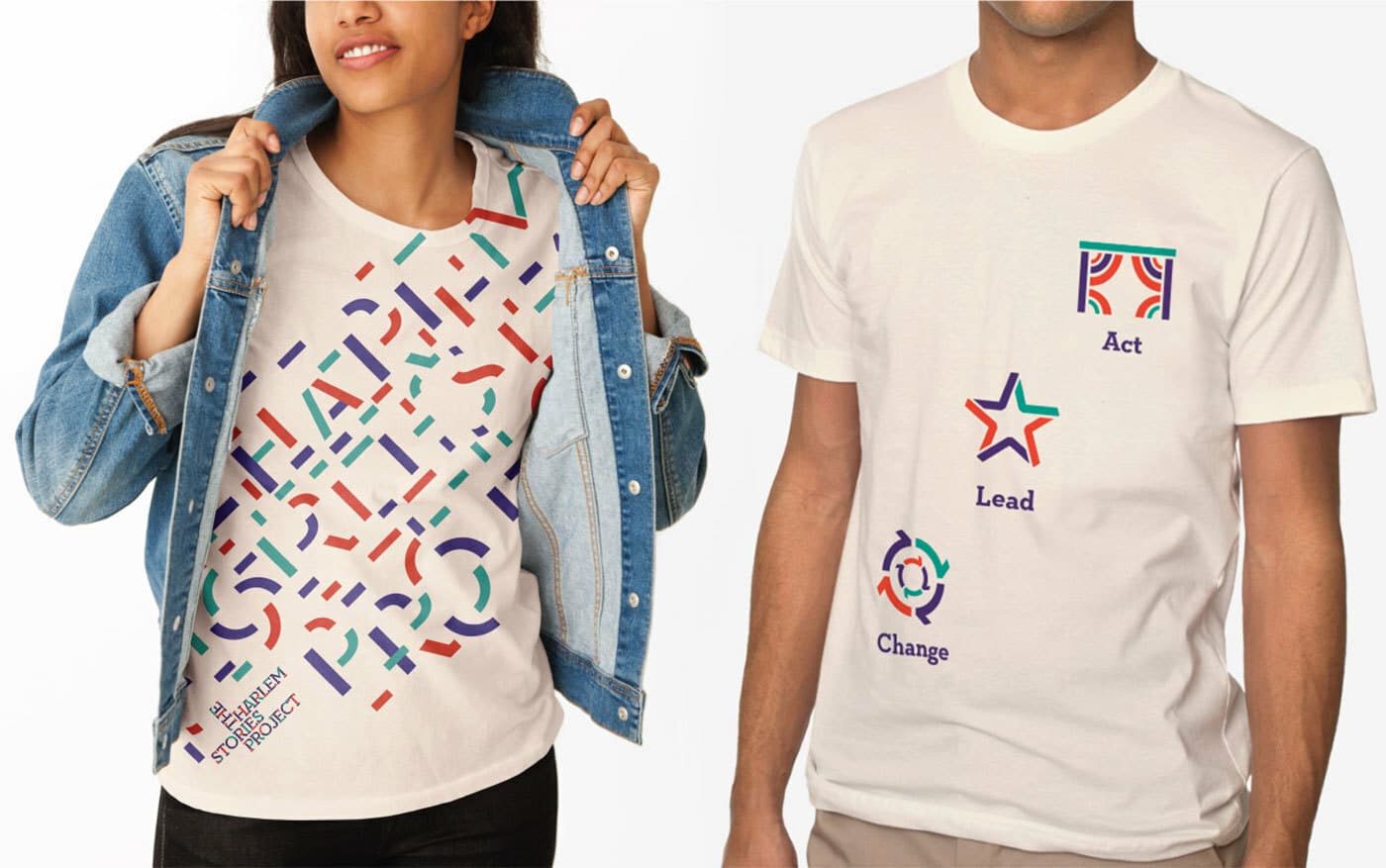 Two individuals are wearing white T-shirts with colorful designs. The left person wears a T-shirt with an abstract pattern and text "The Healthy Project" in the bottom corner, under a blue denim jacket. The right person wears a T-shirt with graphics and text "Act, Lead, Change.