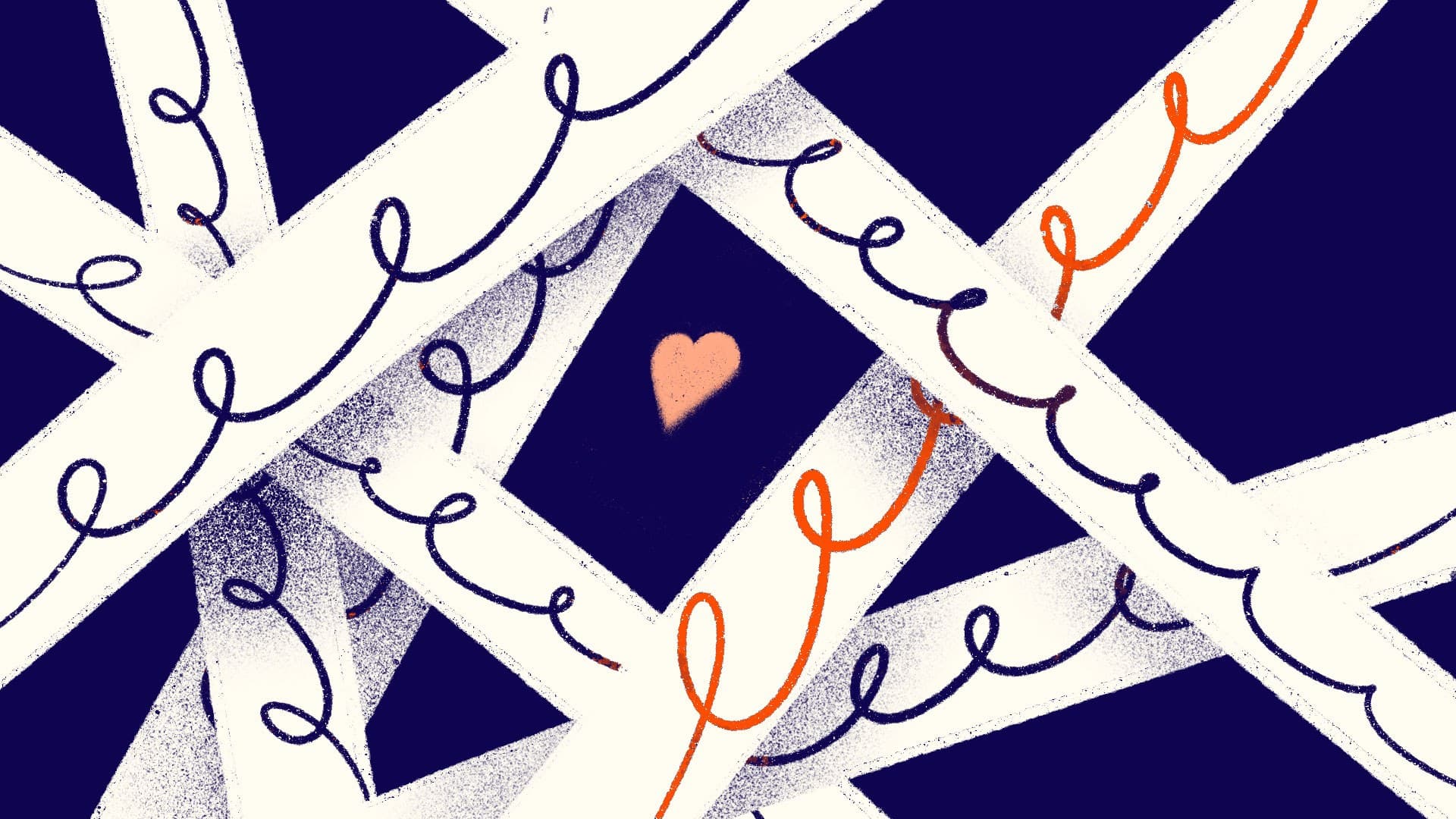 Abstract illustration featuring white ribbons with dark blue and orange curly lines on a dark blue background. A small, light pink heart is at the center of the overlapping ribbons.