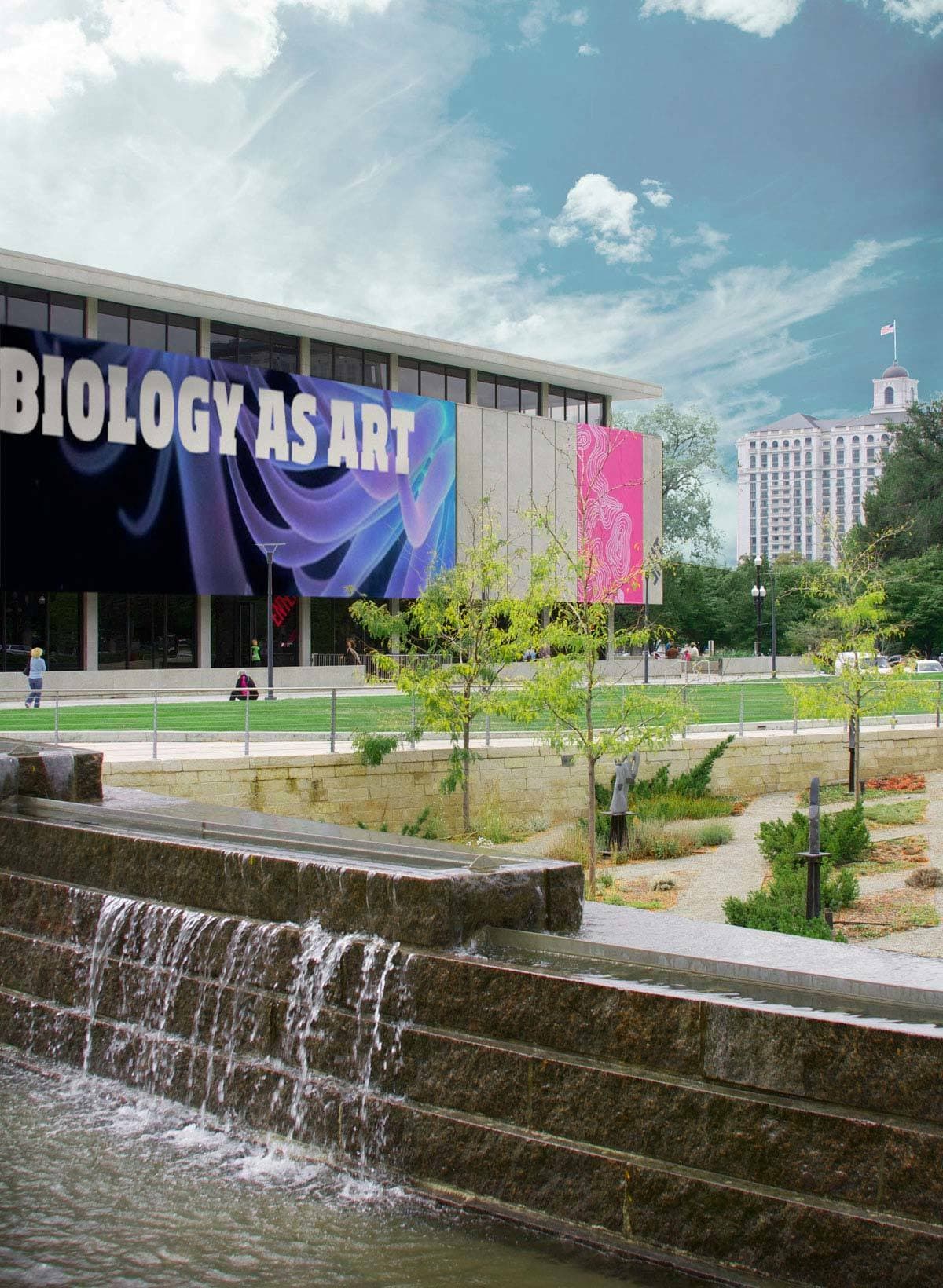 A contemporary building with a large banner that reads "BIOLOGY AS ART" is in the center. In the foreground, a stone waterfall and landscaped garden are visible. In the background, a tall historic building with a dome and flag can be seen under a partly cloudy sky.