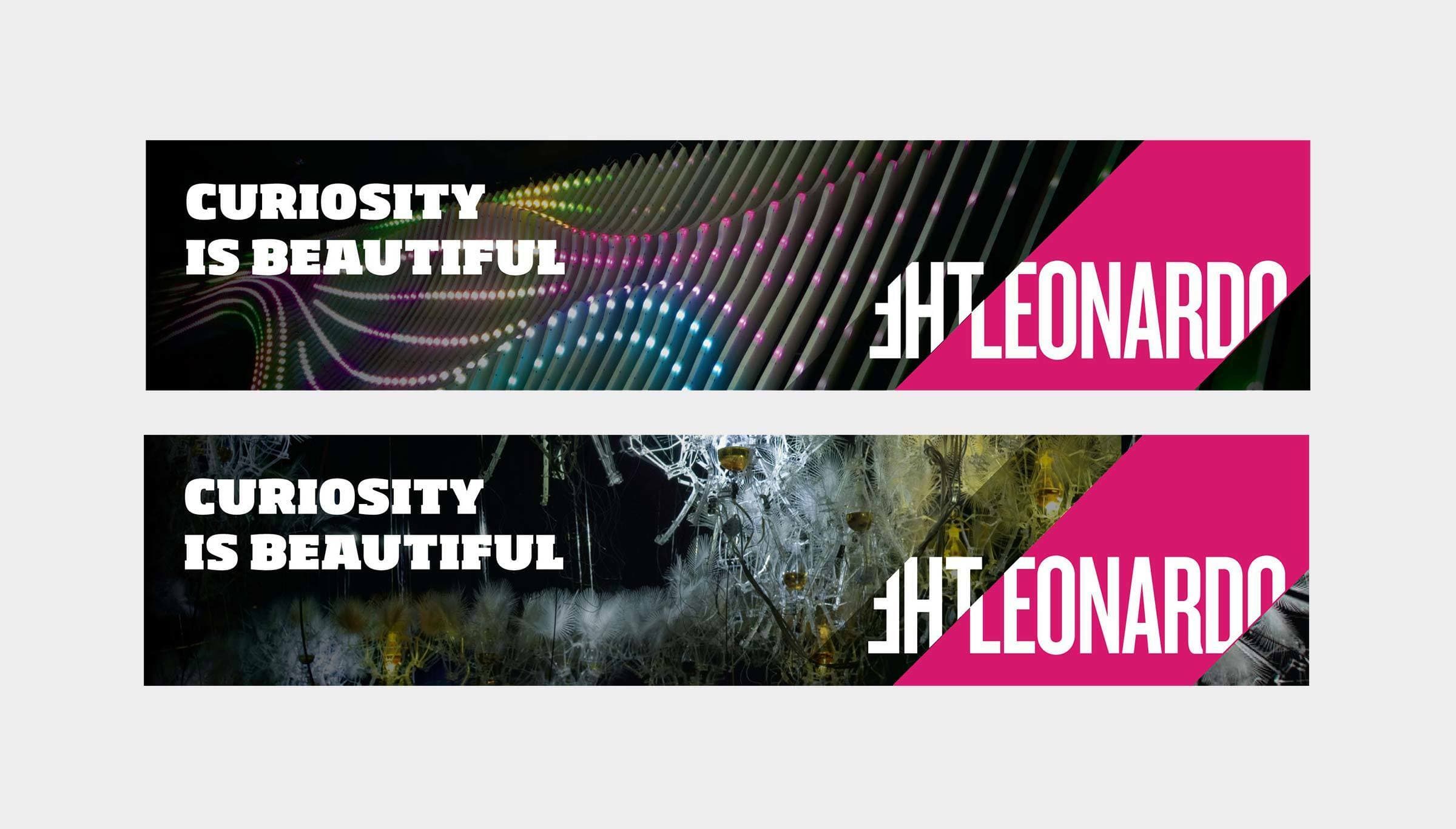 Two horizontal banners with the text "CURIOSITY IS BEAUTIFUL" and "LEONARDO" in capital letters. The top banner features a colorful wave pattern on a black background, while the bottom banner shows a science-themed background with webs and bright lighting effects.