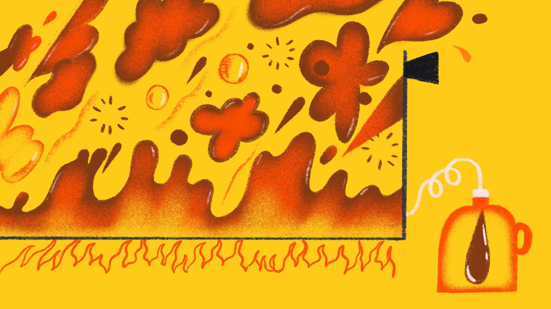 Illustration of a bright yellow background with orange and red flames spreading. There's a black hose and a container of liquid on the right, connected to the flames, possibly indicating that it's fueling the fire.