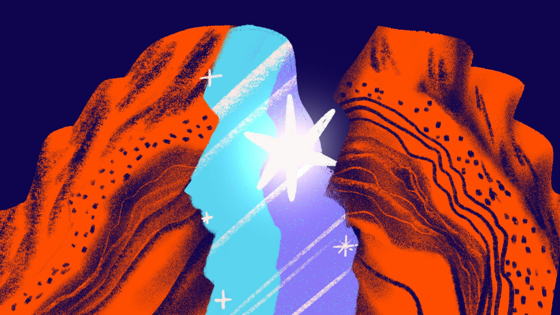 A vibrant illustration depicts a star shining brightly in the sky, casting light between two red, rock-like formations adorned with swirling patterns. The background transitions from deep blue to a lighter blue near the star, creating a sense of depth and focus.