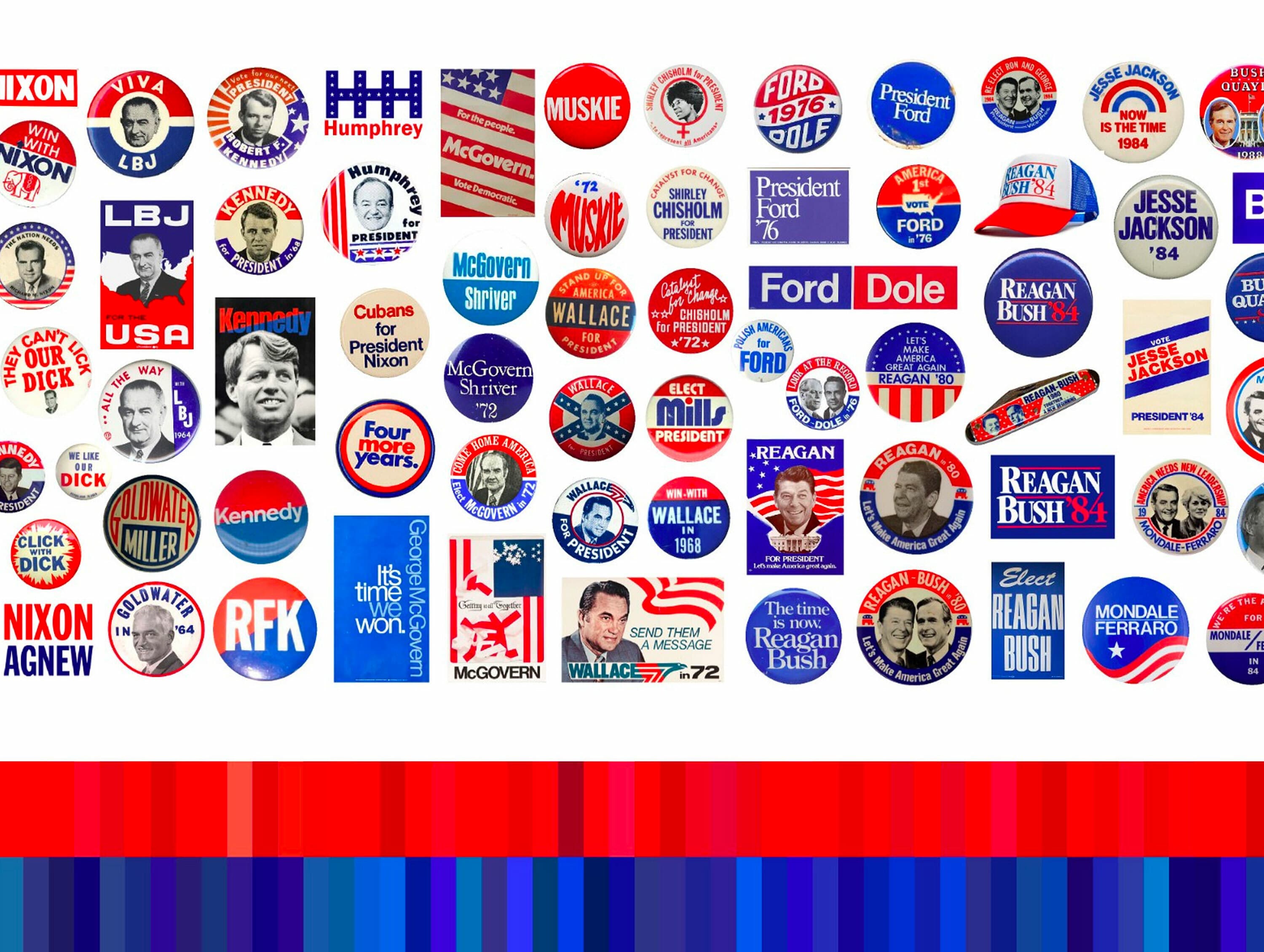 A colorful collage of various U.S. presidential campaign buttons, featuring slogans and images of candidates from different years and political parties. The lower part of the image has a striped pattern with shades of red and blue, reflecting the U.S. flag's colors.