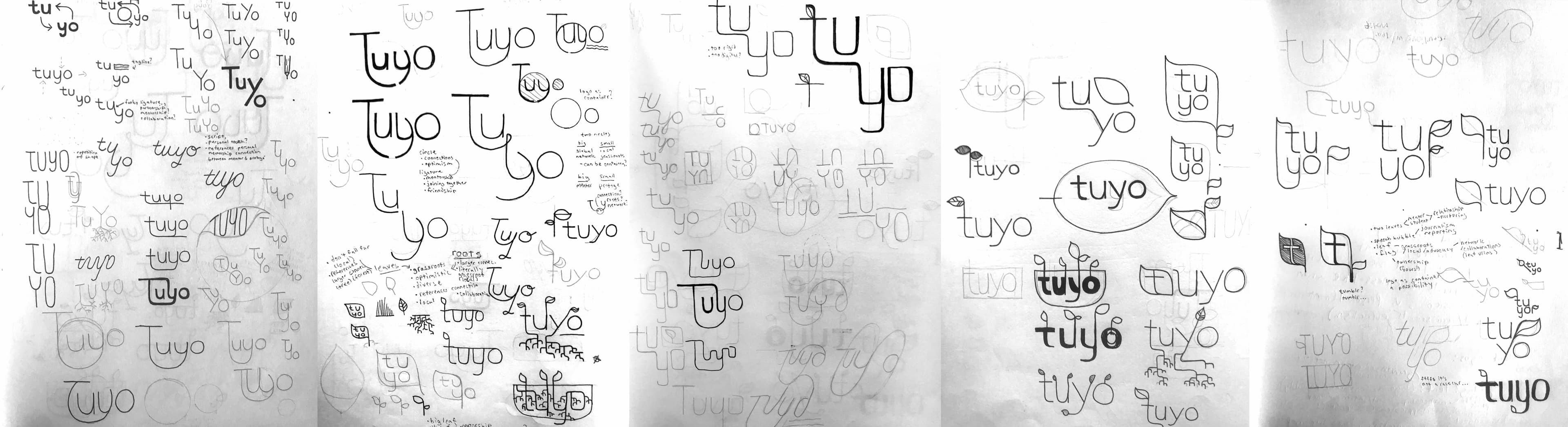 A collection of hand-drawn sketches on a white background featuring various iterations of the word "Tuyo" in different fonts, styles, and orientations. The sketches are spread across multiple sheets of paper, showcasing diverse creative designs.