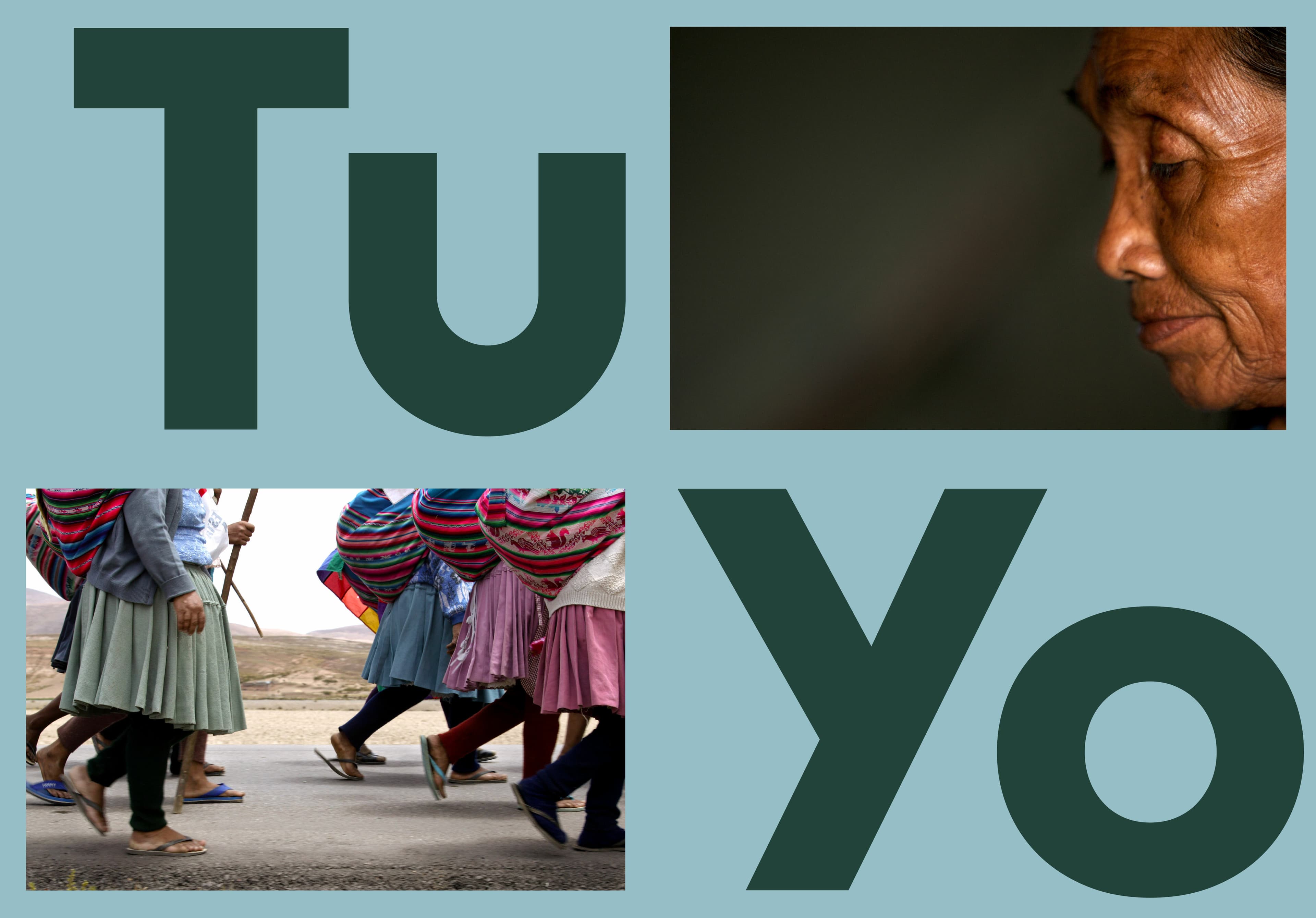 The image features the Spanish words "Tu" (top left) and "Yo" (bottom right) on a blue background. The "u" in "Tu" contains a photo of an elderly woman's face in profile, while the "o" in "Yo" shows the legs of people walking and colorful fabrics.