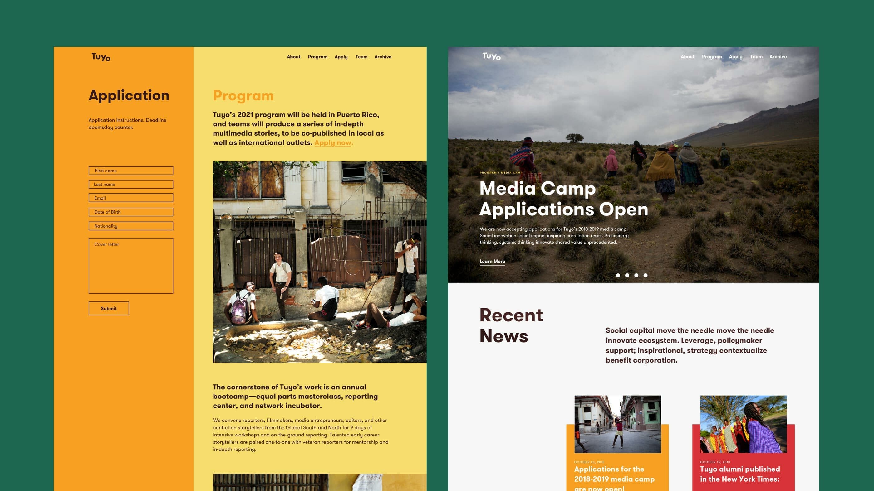 Two sections display different web pages. The left section shows an application form with a yellow background, while the right section has a photograph-heavy news layout with mountains, highlighting a media camp and recent news. The design features a modern, clean aesthetic.