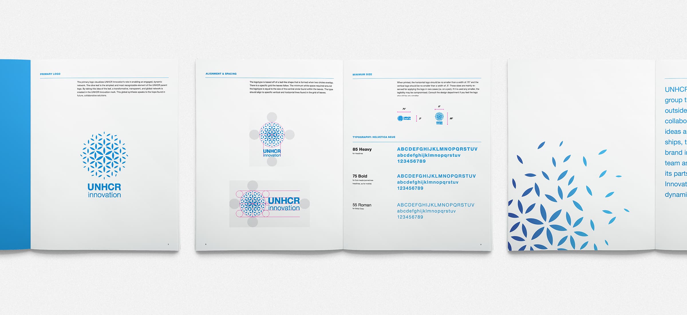 A series of four pages from a brand guidelines booklet for UNHCR innovation. The pages feature the UNHCR innovation logo, color schemes, and text layout samples against a white background. The booklet is open with pages displayed side by side, emphasizing design elements.