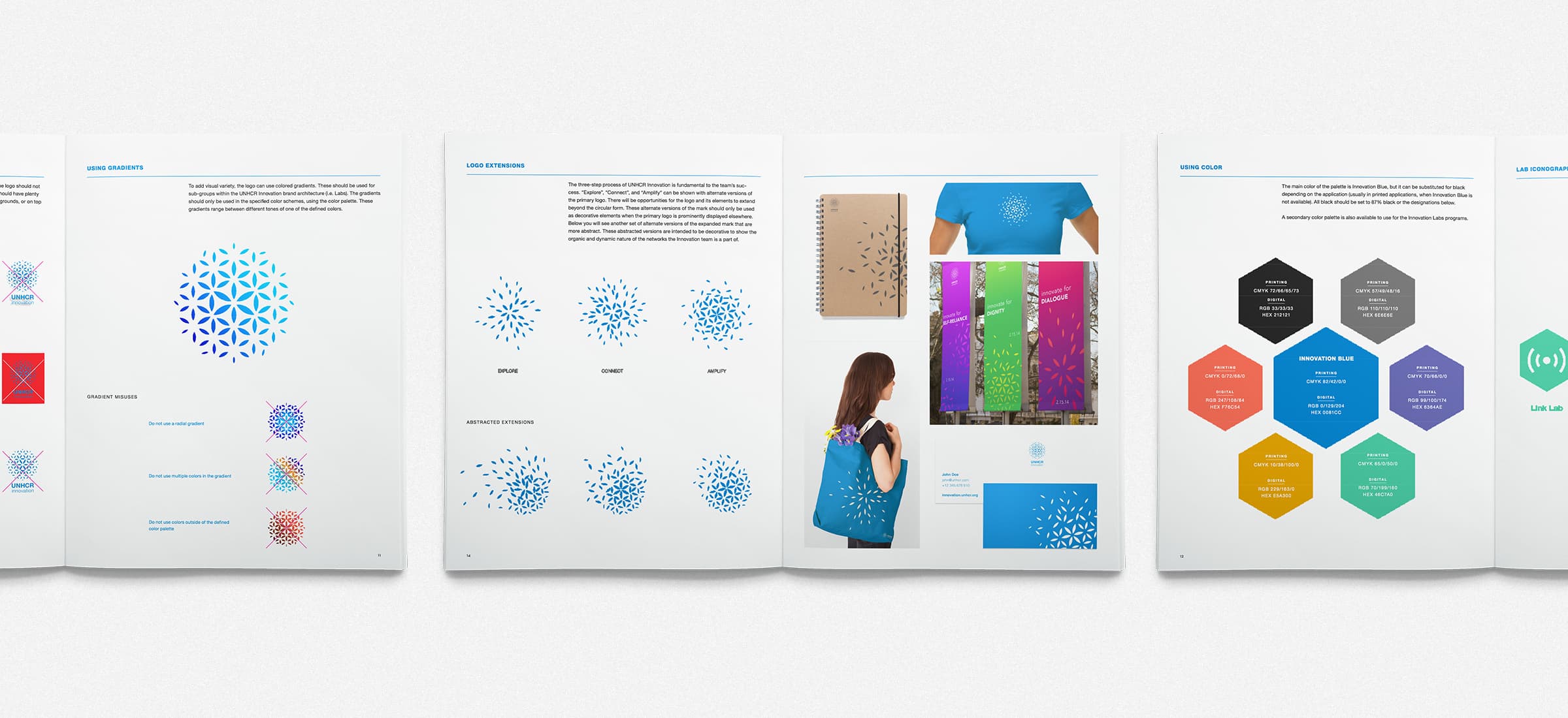 A multi-page brand style guide is open on a white surface. The pages display brand logos, color schemes, and patterns. There are images of a person holding a branded bag, various logo applications, and color-coded hexagon charts detailing brand guidelines.