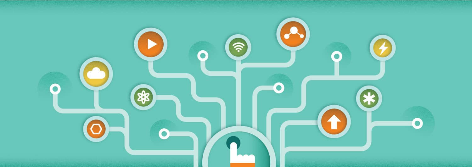An illustration of a network tree with various branches leading to different circular icons, representing different functions such as cloud storage, play, Wi-Fi, sharing, settings, upload, and power. The background is teal, and the central element is a hand.