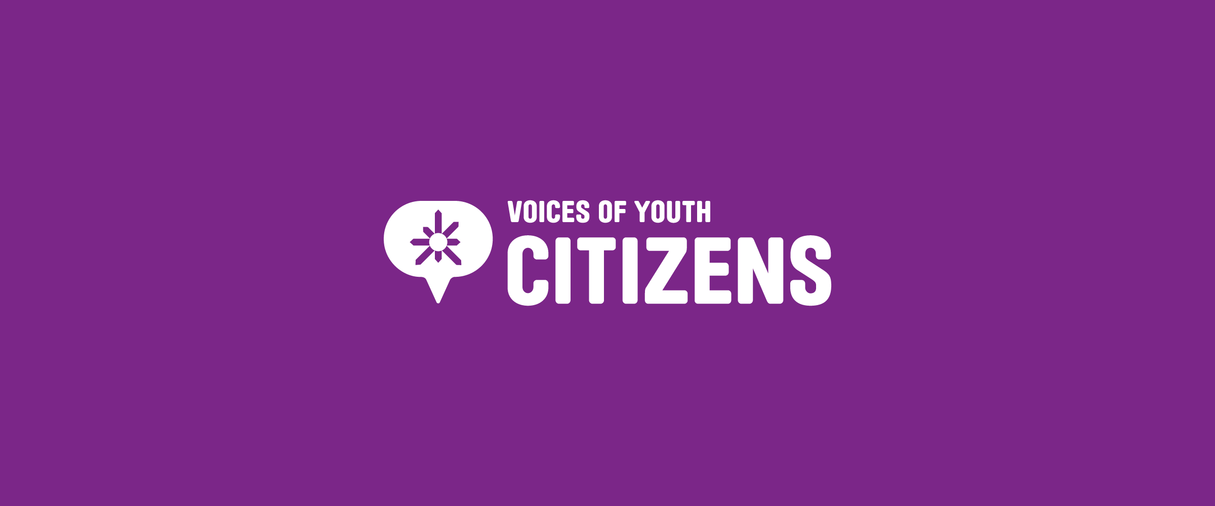 Logo with a purple background featuring a speech bubble with a circular symbol inside, followed by the text "VOICES OF YOUTH CITIZENS" in white.