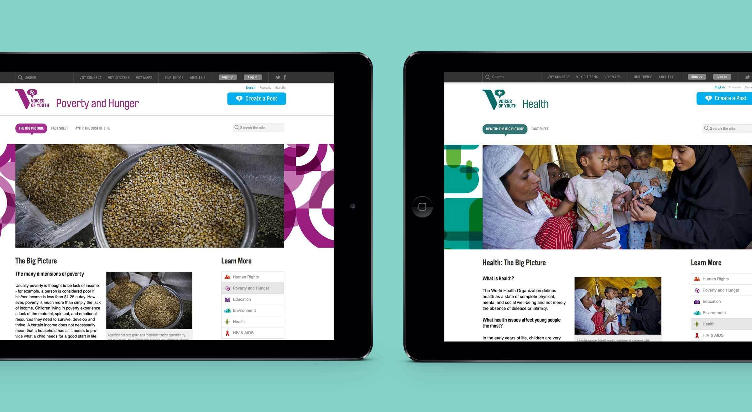 Two tablet screens display different web pages. The left screen shows an article on poverty and hunger, including images of grains. The right screen displays a health-related article with a picture of a healthcare worker attending to a mother and her children.