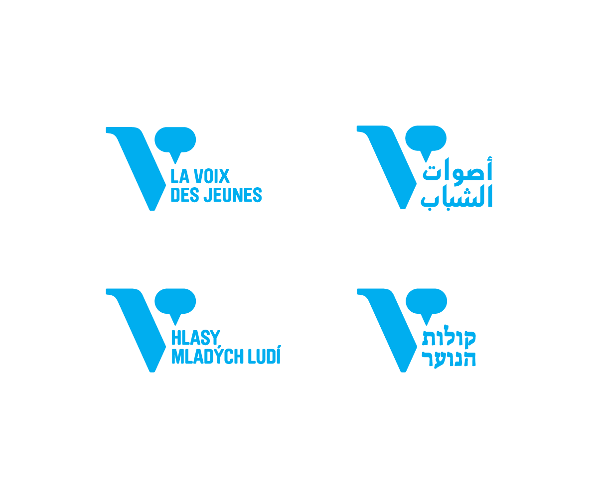 An image showing a logo in the shape of a blue "V" with a speech bubble above it, accompanied by text in four languages. Each language's text translates to "Youth Voices" and appears in French, Arabic, Slovak, and Hebrew from top left to bottom right.