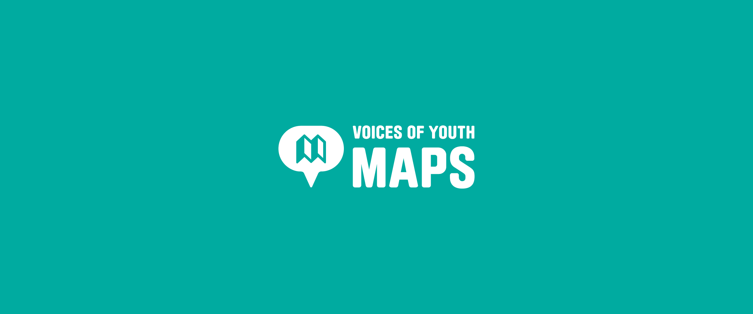 A teal background with a white speech bubble containing a simplified map icon. To the right of the speech bubble, there is white text that reads "VOICES OF YOUTH MAPS.