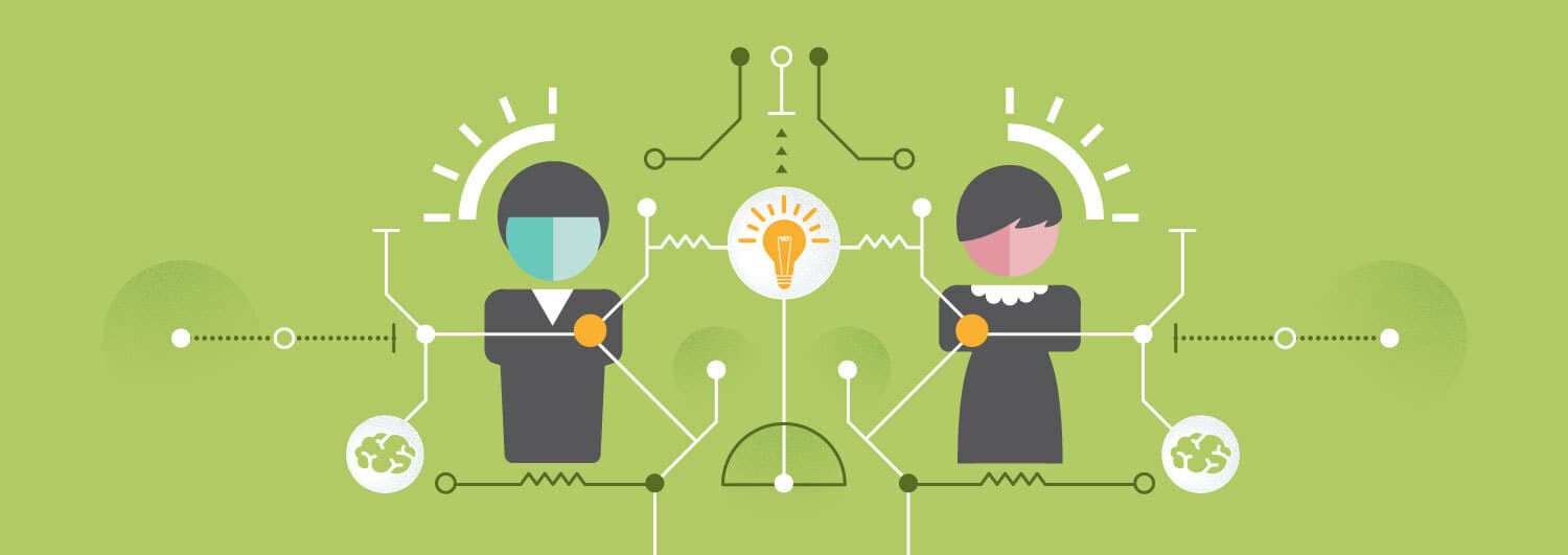 Illustration of two stylized figures, one with a light blue face and the other with a light pink face, connected by lines and nodes, surrounding a glowing light bulb. The background is green with white elements symbolizing technology and connectivity.