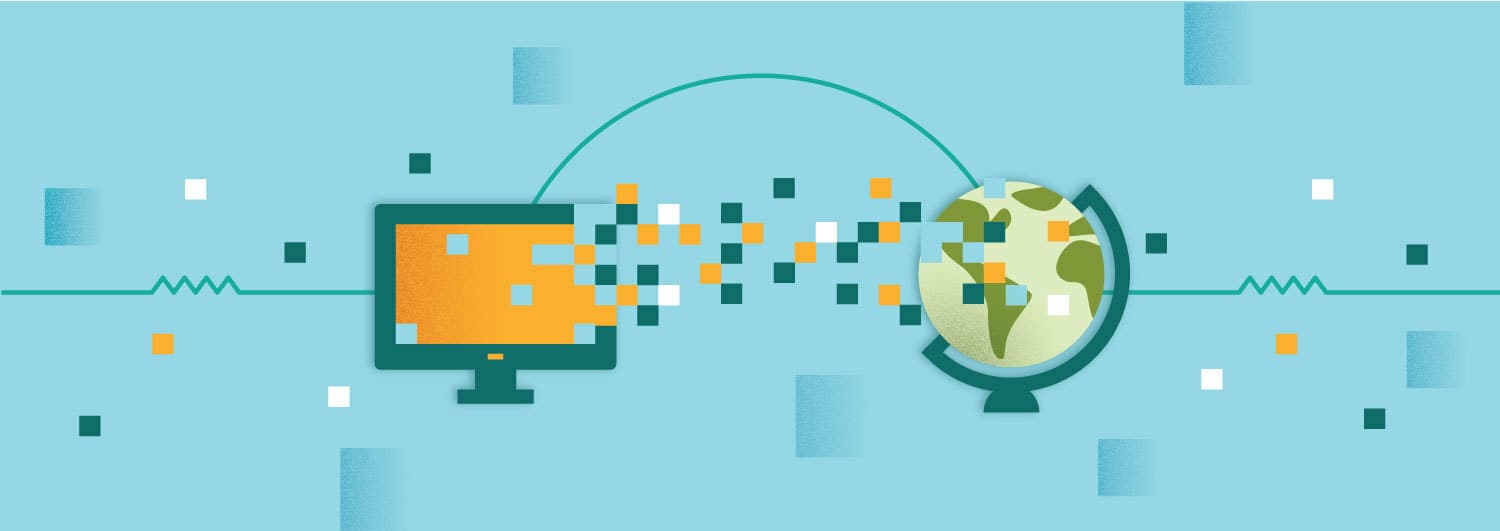 Illustration of a computer monitor connected to a globe via pixelated data points, symbolizing global communication and data transfer. The background is light blue with scattered digital pixels.