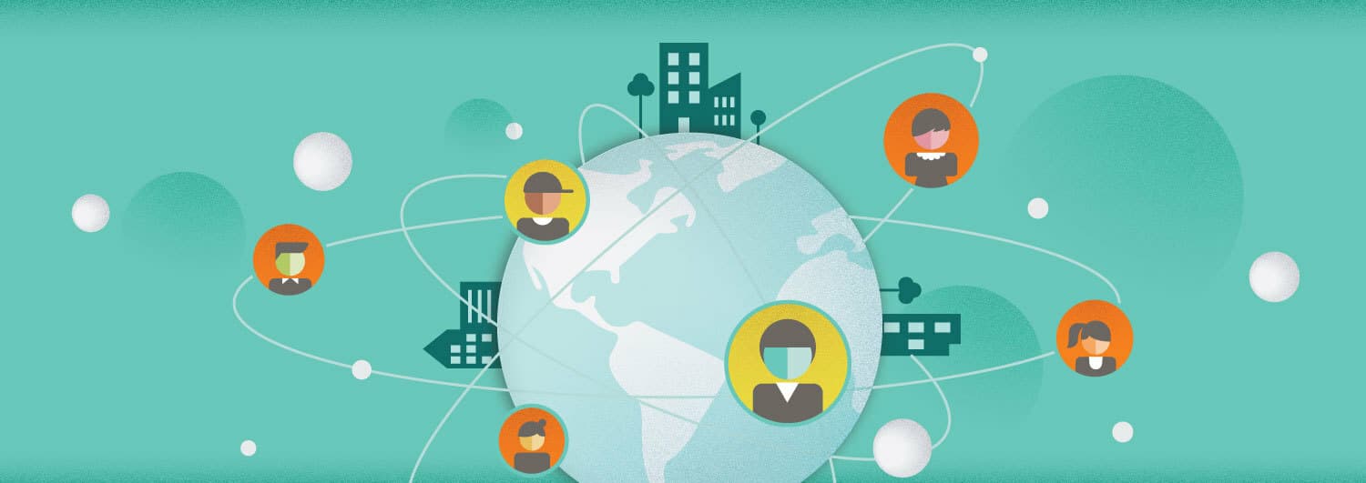 Illustration of a globe surrounded by icons of people connected by lines, symbolizing global networking and communication. Background includes buildings and stylized clouds, all in soft pastel colors.