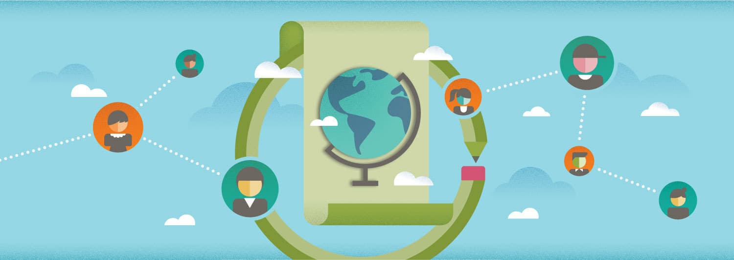Illustration of a globe on a partially unrolled scroll with interconnected people icons around it, signifying global communication or networking. The background is blue with white clouds, and an arrow encircles the globe.