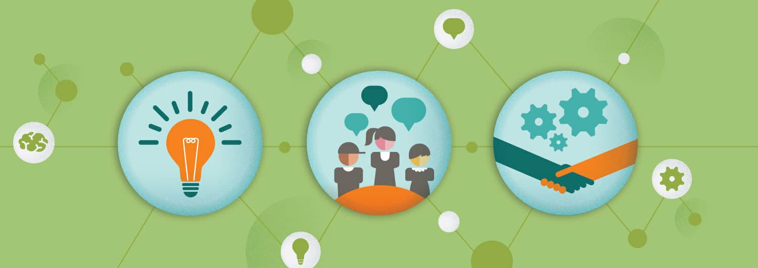 A green background features three connected circular icons: a light bulb symbolizing ideas, three people with speech bubbles symbolizing communication, and two hands shaking with gears symbolizing collaboration. Additional icons of light bulbs and speech bubbles are scattered around.
