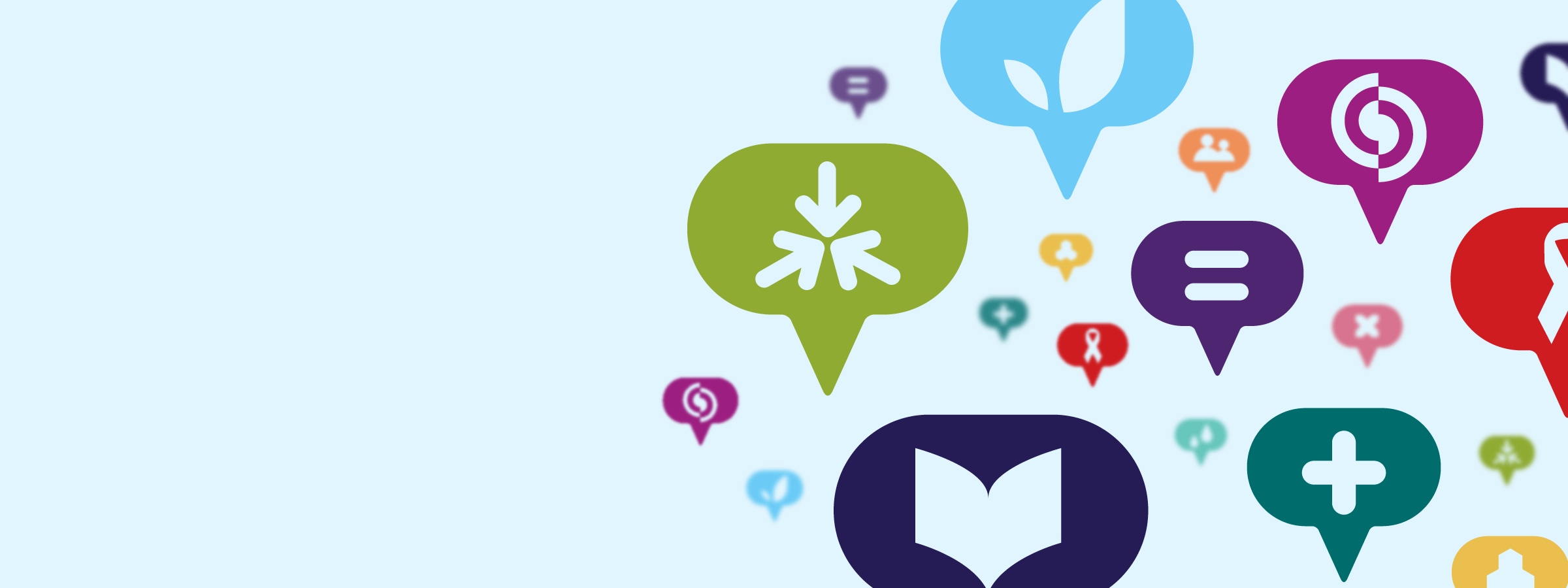 A collection of colorful speech bubbles with various icons, including a leaf, star, chat symbol, book, cross, and music note, on a light blue background. The speech bubbles appear to be floating, with more space on the left side of the image.