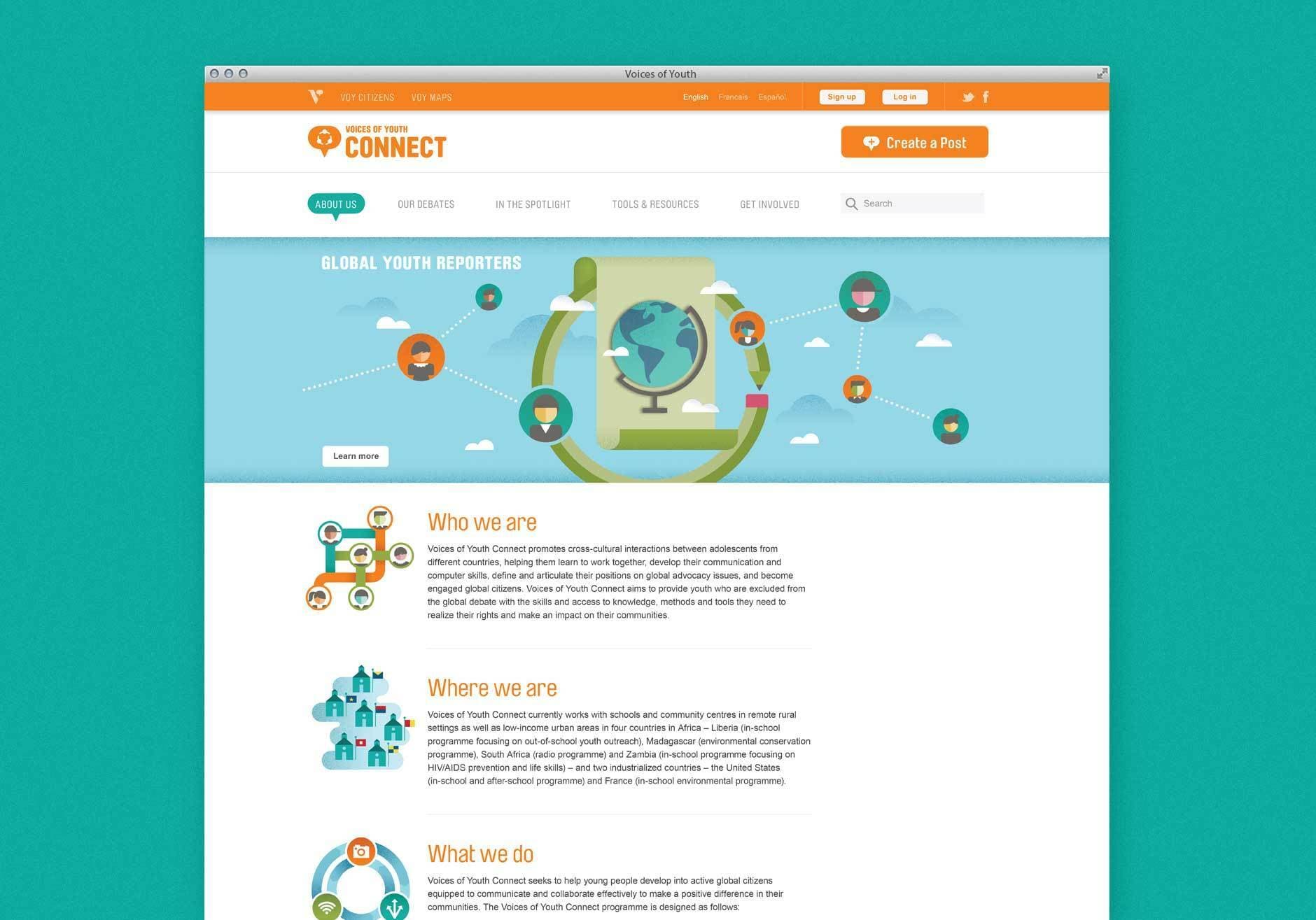 A webpage titled "Voices of Youth Connect," featuring a teal background, a globe illustration at the top with various icons for communication, and menu options including "About" and "Create a Post." The page includes sections titled "Who we are" and "Where we are.