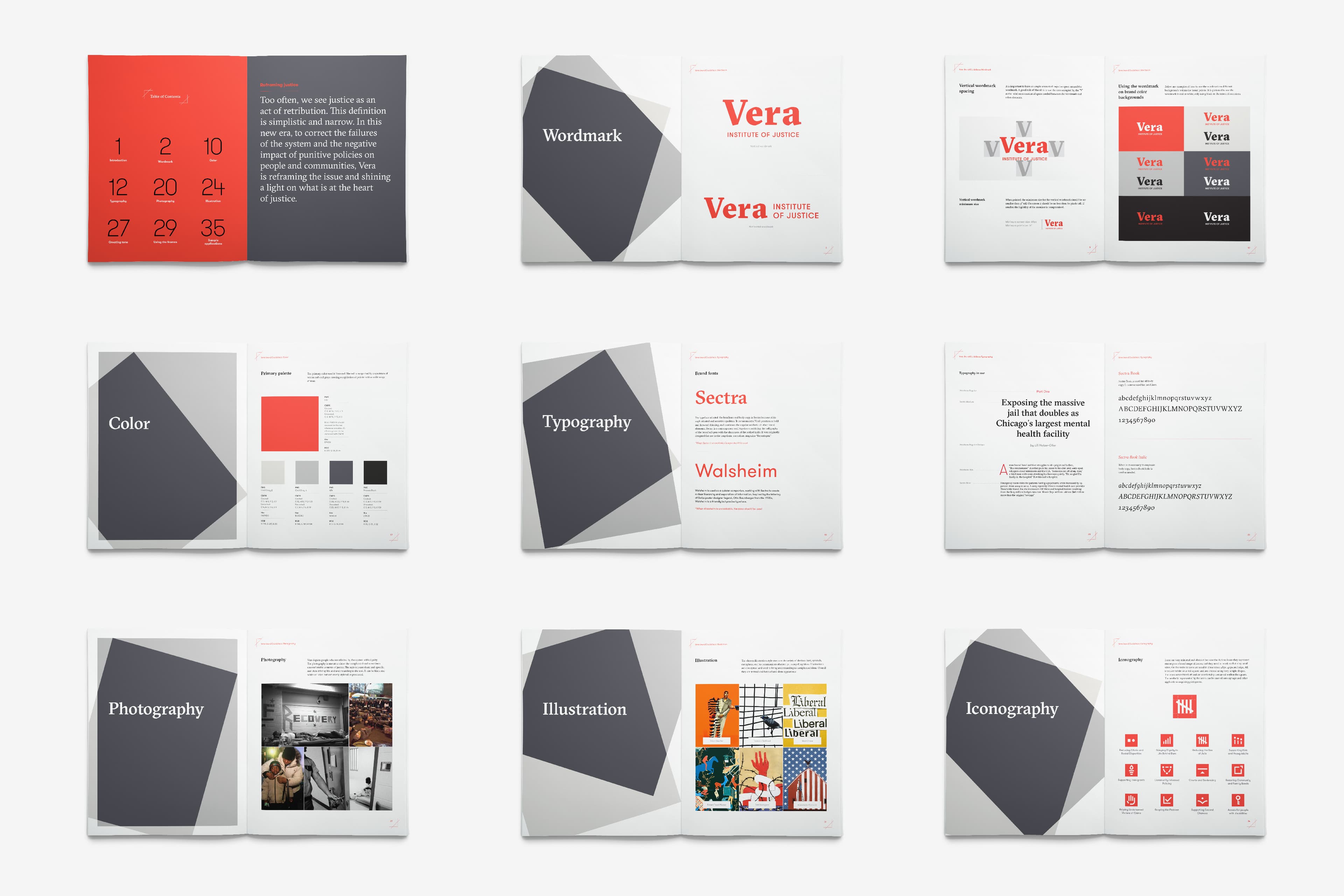 An overview of a brand guidelines booklet featuring sections on wordmark, color palette, typography, photography, illustration, and iconography. Each section displays text, graphics, and images, all laid out in a clean, minimalist design with a predominant use of grey and red.